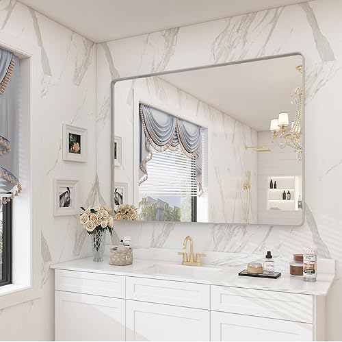 Espejo de baño plateado cepillado de 40 x 30 pulgadas para pared, espejo de tocador de baño con marco de metal cepillado, espejo rectangular