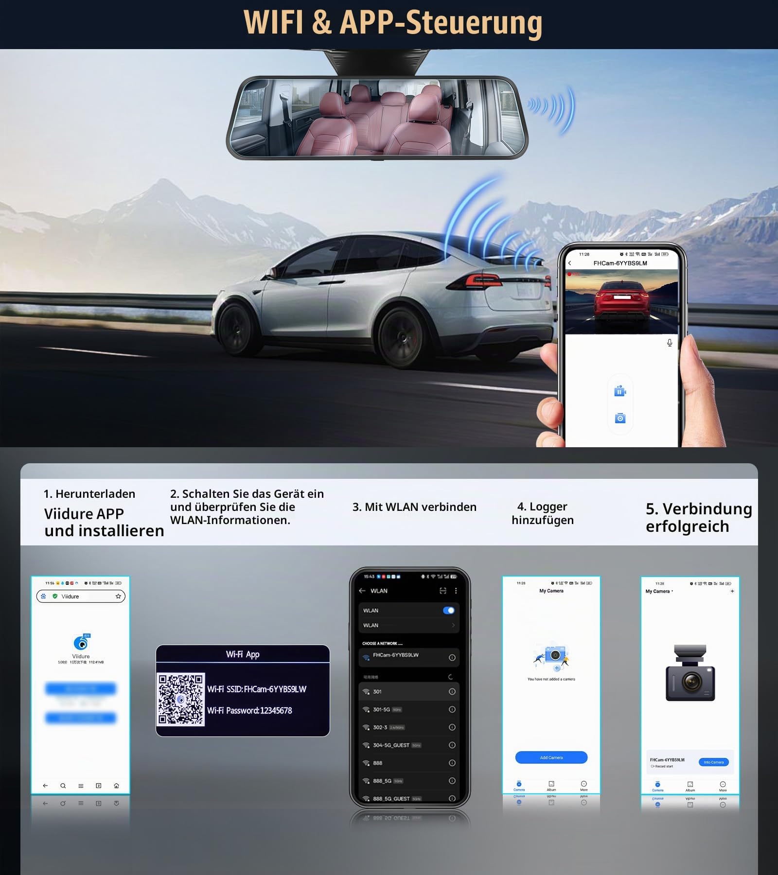 CAMECHO 2K Rückspiegel 9,66 Zoll Mirror Dash CAM Auto mit 2 Kameras 1080P, Vorne 150° und Hinten Dashcam 120° mit Rückfahrkamera, Nachtsicht, G-Sensor, 64 GB Speicherkarte, WLAN-App