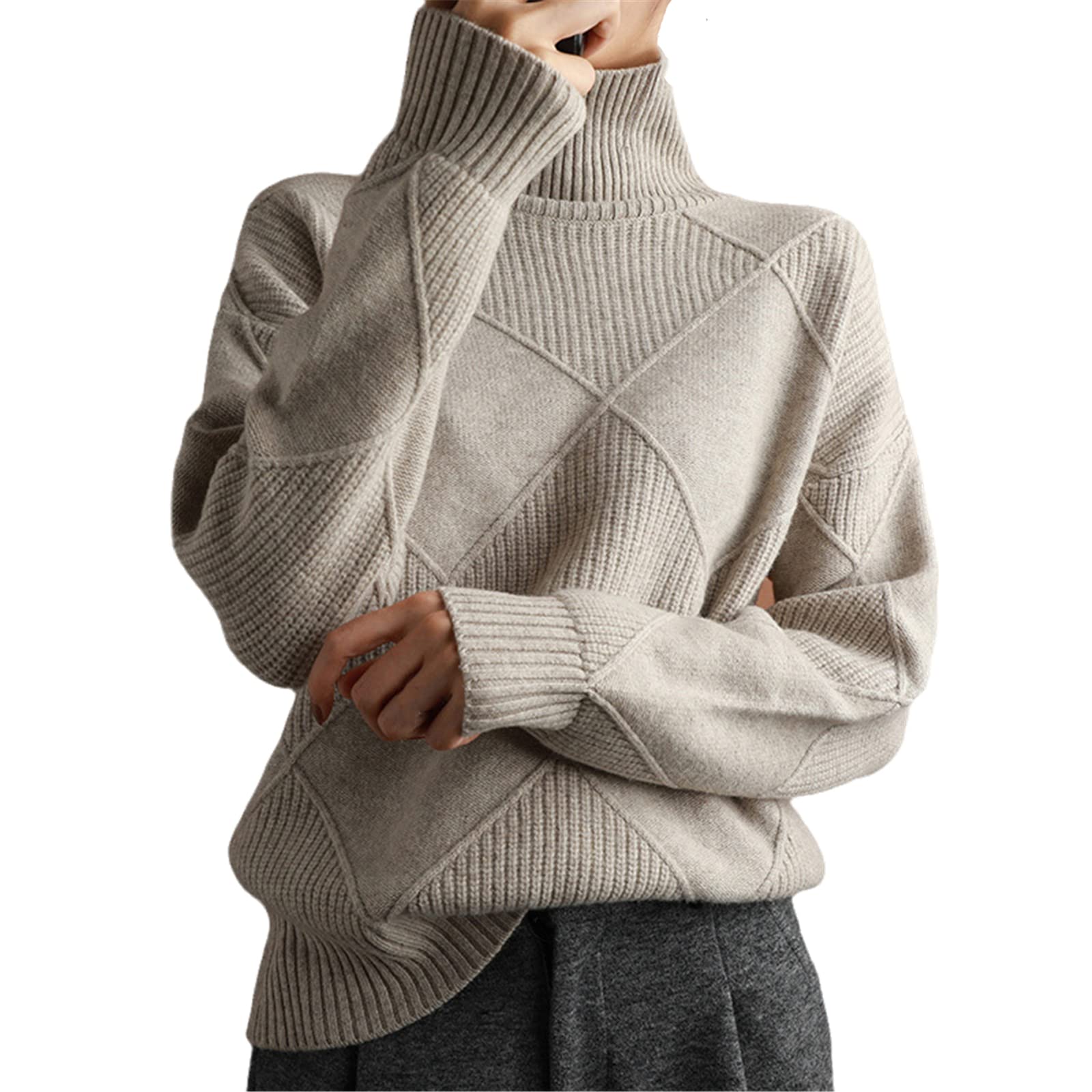 Kaschmirpullover Damen Rollkragen Strickpullover Wolle Lose Große Größe Pullover, khaki, XXX-Large
