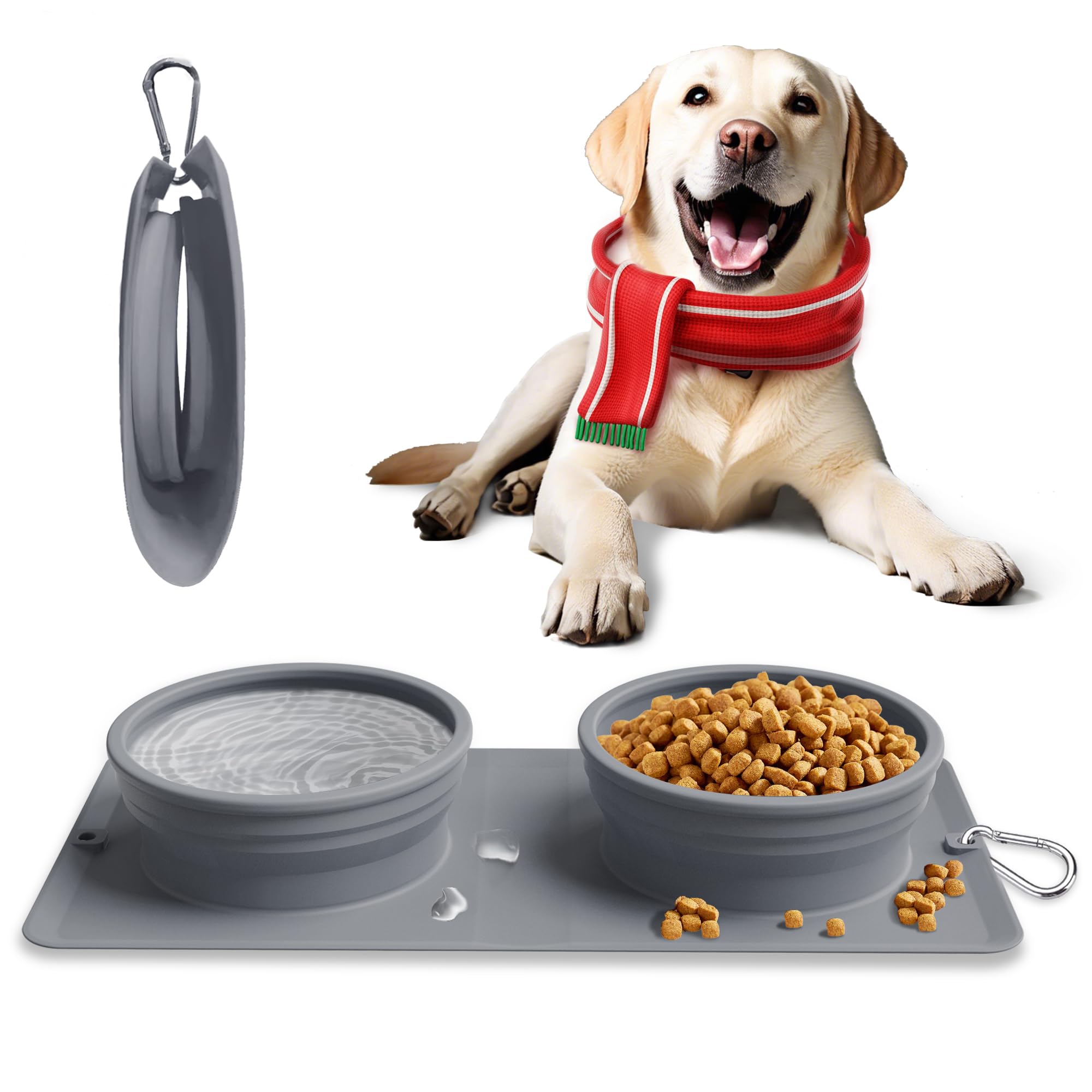 Collapsible Portable 2-in-1 Dog Bowl, Travel Dog Bowl Integrated, Silicone Foldable Expandable Food Water Bowl with Carabiner - Anti-Spill and