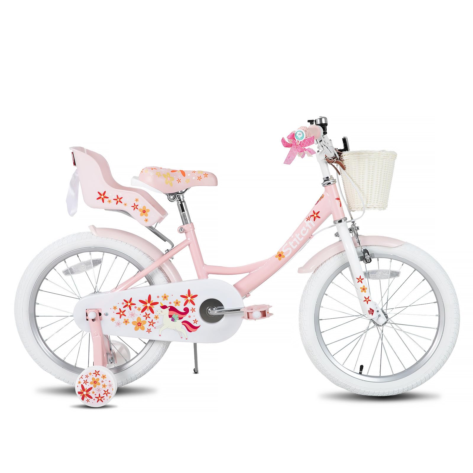 STITCH Unicorn 18 Inch Girls Bike for 5-8 Years Old Kids, 18 Inch Girls Bike with Basket&Kickstand& Doll Seat,Pink