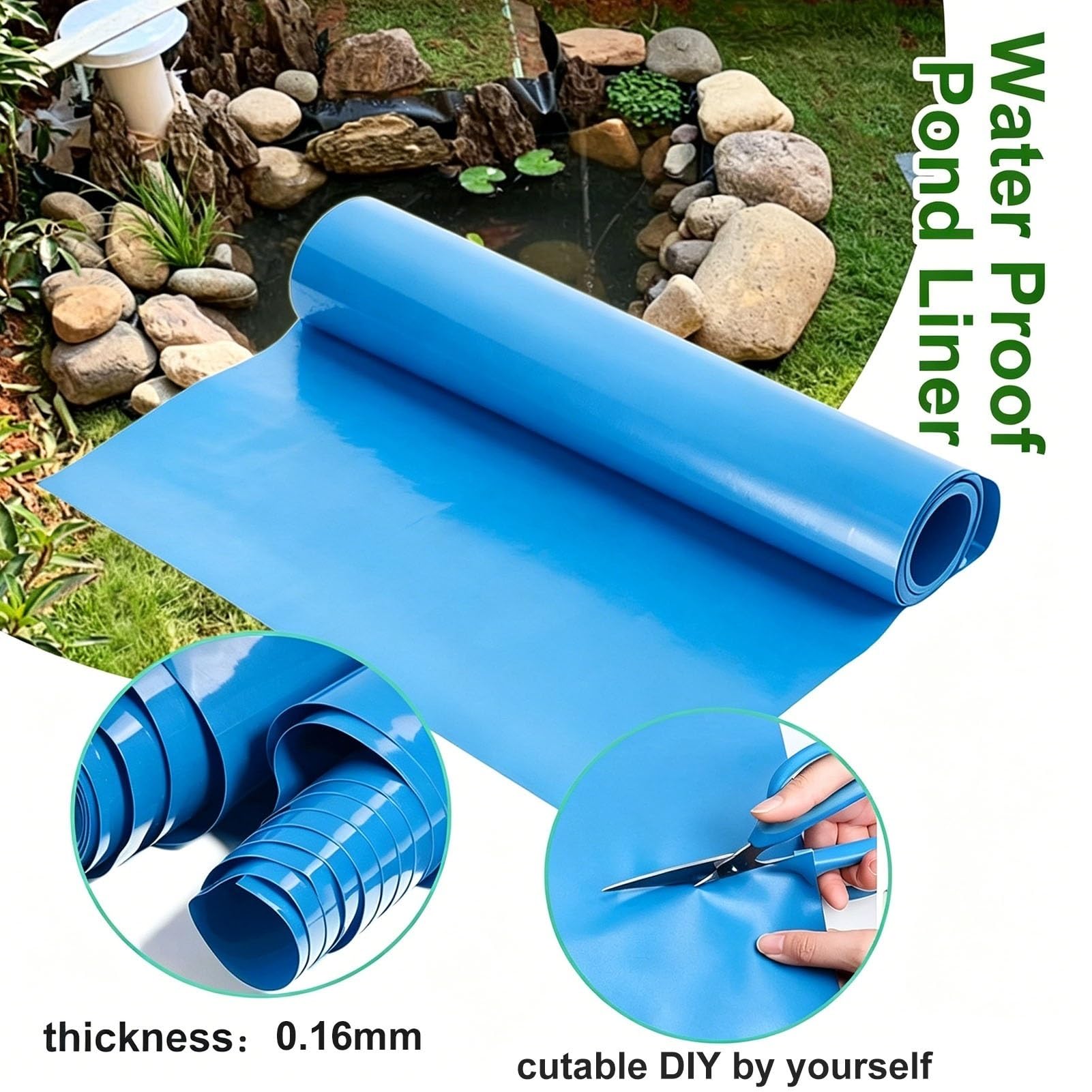 wasserdichte Blaue Teichfolie 3x4m, 4x5m, 5x5m, 6x8m; Große HDPE-Gummiauskleidung; Flexible Auskleidungsfolie für individuell geformte Pools und Teiche(3x8m)
