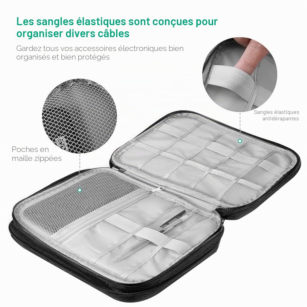 Sac Électronique Antichoc Anti Humide pour Câbles, Chargeur, Disques Durs, USB - Noir