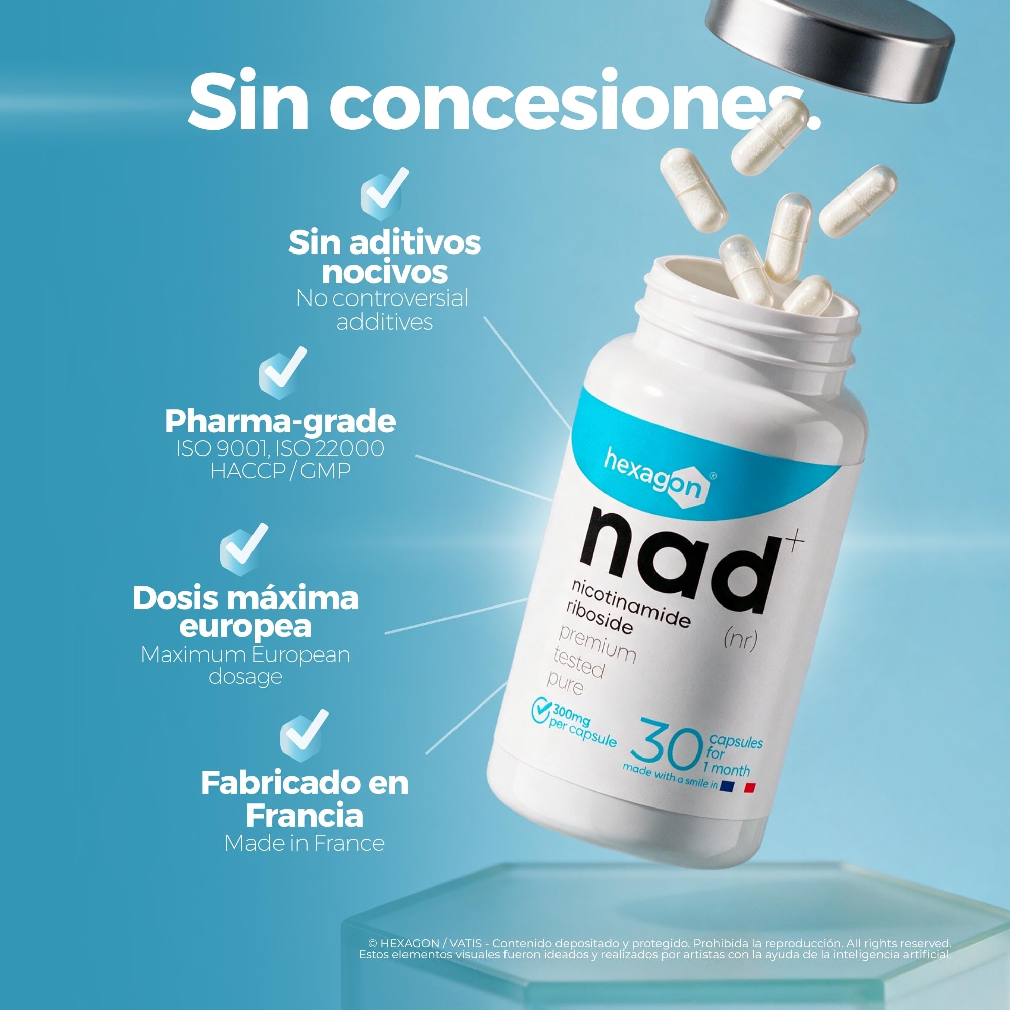 NAD+ Nicotinamide Riboside Chloride 300mg - +1 Mes de Cura - Contra la Edad y la Fatiga, NAD Booster - Polvo Puro, 30 Cápsulas - Grado Farmacéutico - Vegano - Hexagon (Paquete de 2)