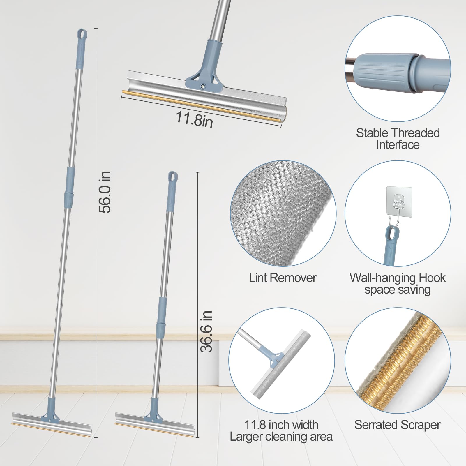 Lot de 4 outils d'épilation pour animaux de compagnie, râteau pour épilation des poils de chiens et chats, anti-peluches à long manche réglable, brosse pour tapis, canapé, meubles, gris clair