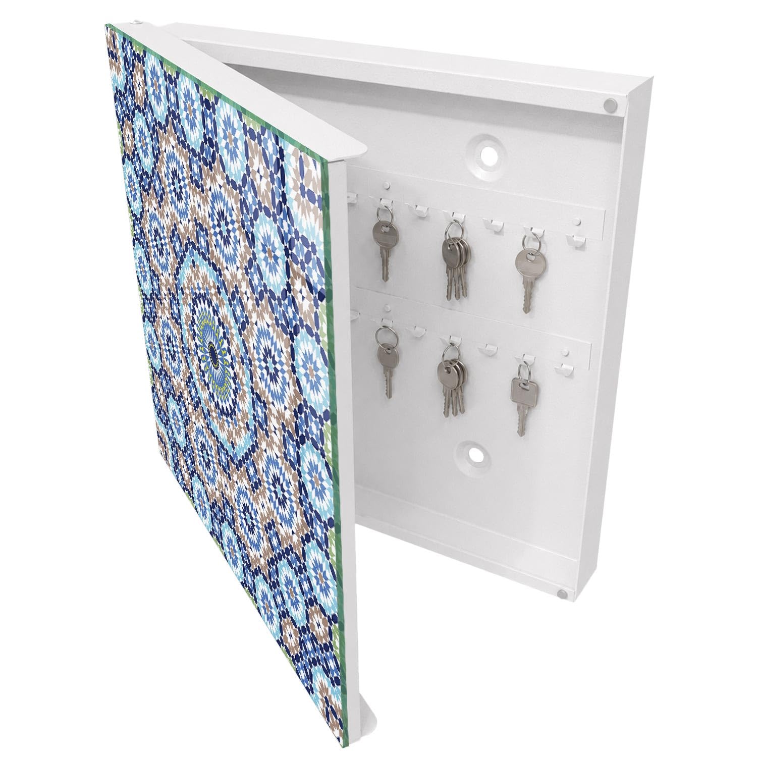 Armadietto Portachiavi 30x30 cm | Bianco | A Sinistra | Montaggio a Parete | Mosaico Orientale | per Uffici | Frontale Decorativo in Vetro Temperato | Tasselli e Viti Inclusi | in Metallo