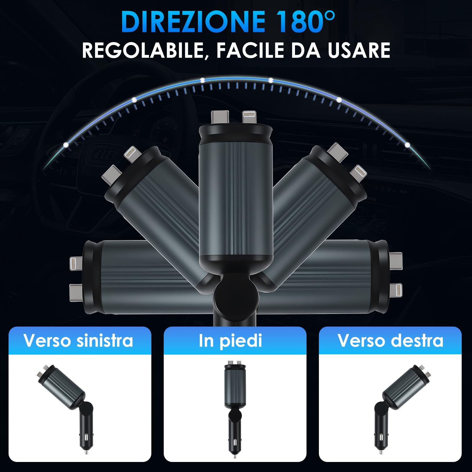 Caricatore Auto Accendisigari 66W, Caricatore Auto Retrattile USB C 4 in 1 Con Cavo Estensibile, Carica Batteria Per Auto Cellulare Compatibile Con i Phone 16/15/14/13 e Sam-sung S25/S24/S23