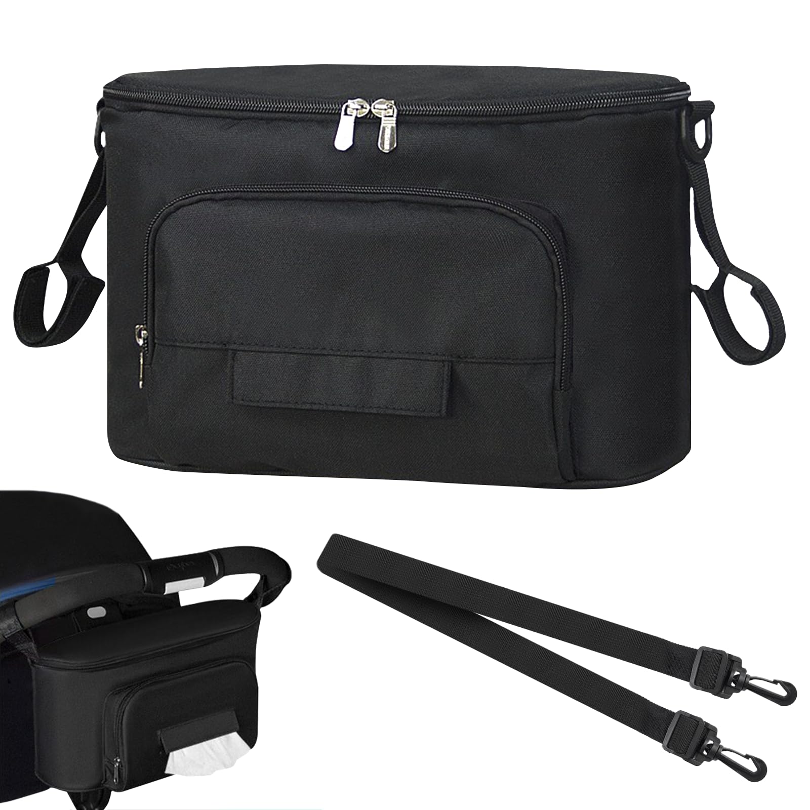 Organisateur Poussette Universel Imperméable Sac de Rangement pour Poussette en Oxford avec 2 Porte Gobelets Isothermes et Bandoulière Réglable Idéal pour Biberons, Couches et Accessoires Bébé (Noir)