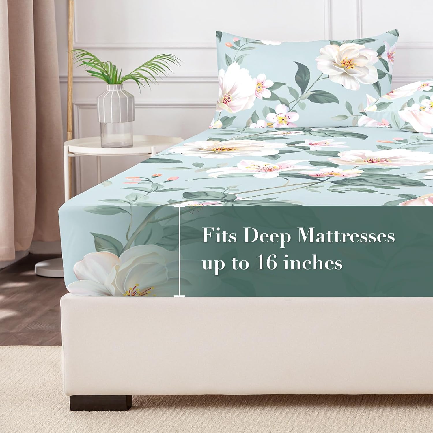 Floral Fitted Sheet with Pillow Cases, 100% Brushed Microfibre Deep Pocket Fitted Bottom Sheet, Ultra Soft, Shrinkage and Fade Resistant, Queen Size