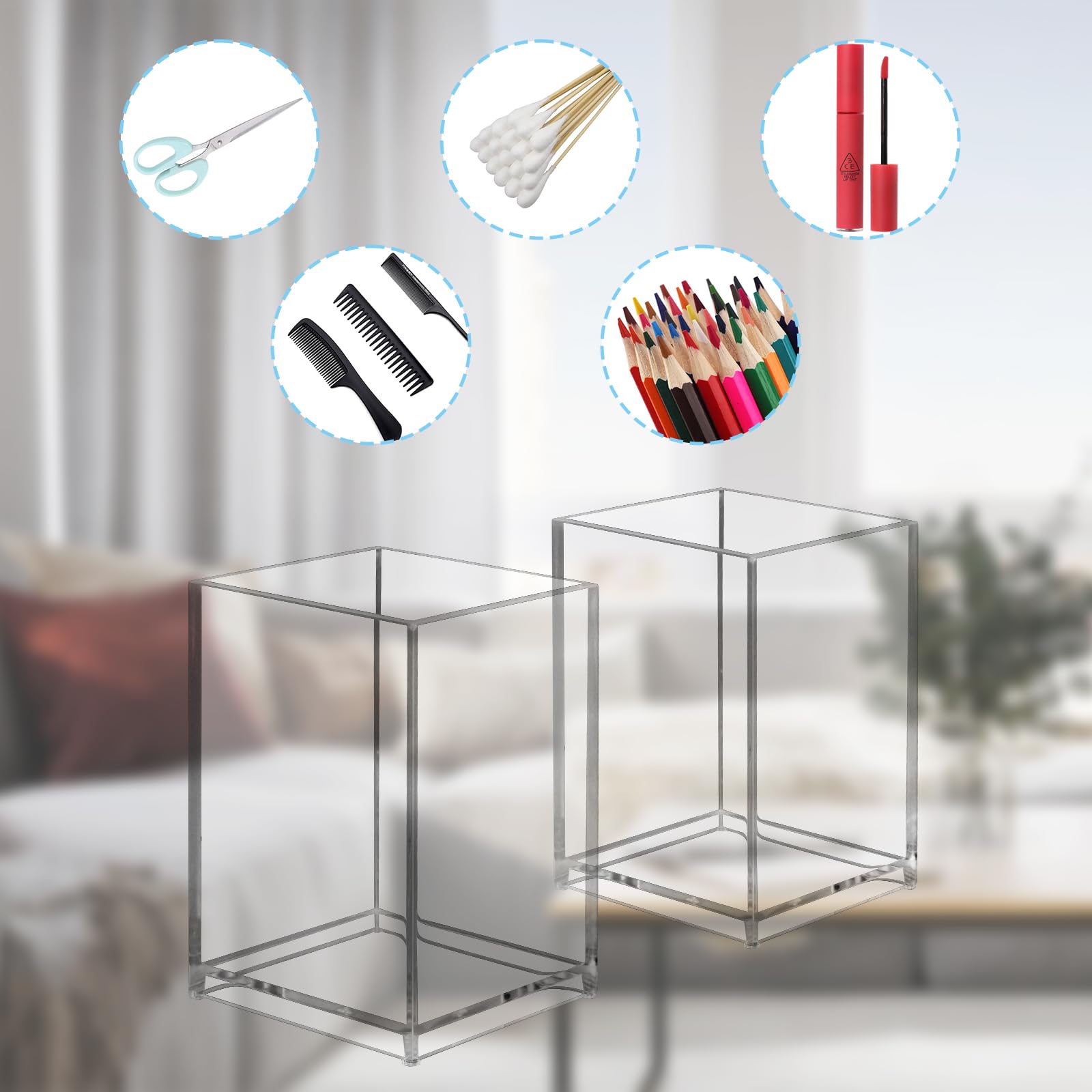 Top-spring Acrylic Pen Pencil Holder, 2 Pack Clear Desk Organisers for Pens Pencils, Makeup Brushes - Image 3