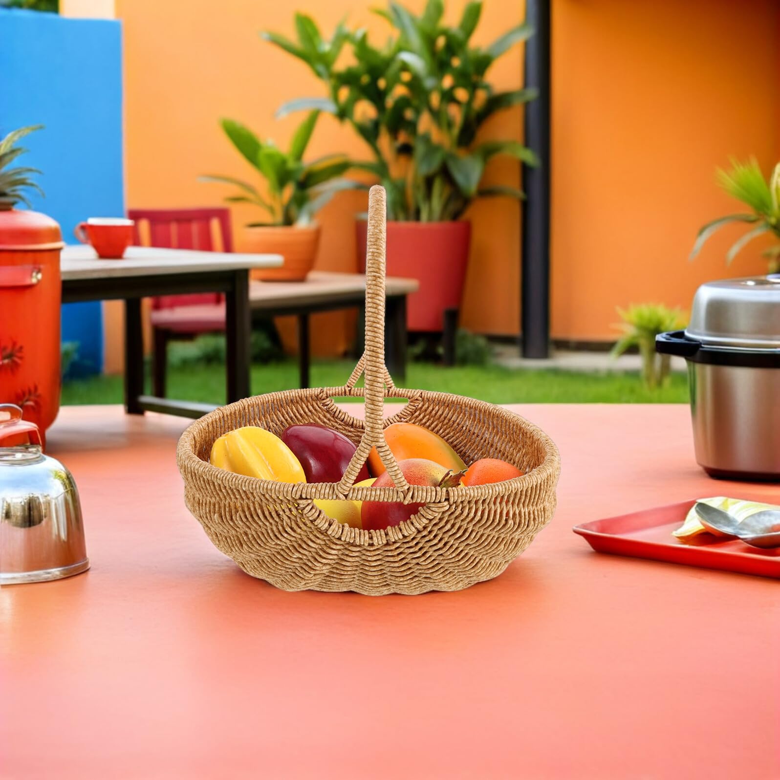 BESPORTBLE Cestino Intrecciato in Imitazione Rattan a Forma di Zucca Grande, Portaoggetti Multiuso da Cucina in Plastica Manico, Contenitore Leggero per Frutta, Verdura e Picnic, Organizer