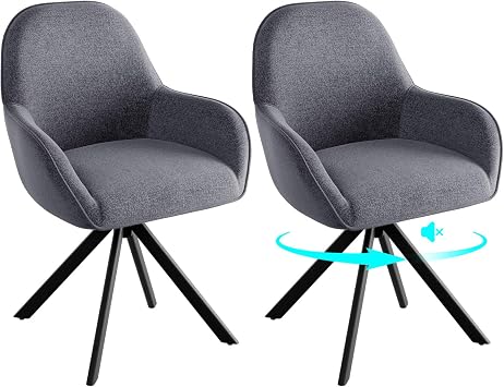 ELUCHANG Swivel Dining Chairs Set of 2, Faux Linen Upholstered Kitchen Chairs with Metal Legs and Rotating Seat, Modern Armchairs, for Dining Room, Living Room, Dressing Table, Lounge, Grey
