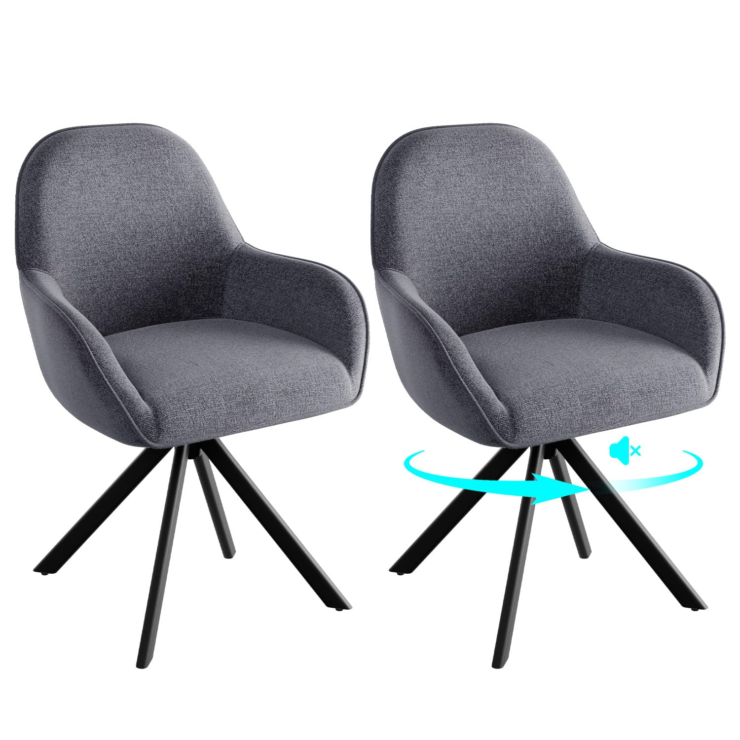 ELUCHANG Swivel Dining Chairs Set of 2, Faux Linen Upholstered Kitchen Chairs with Metal Legs and Rotating Seat, Modern Armchairs, for Dining Room, Living Room, Dressing Table, Lounge, Grey — image 1