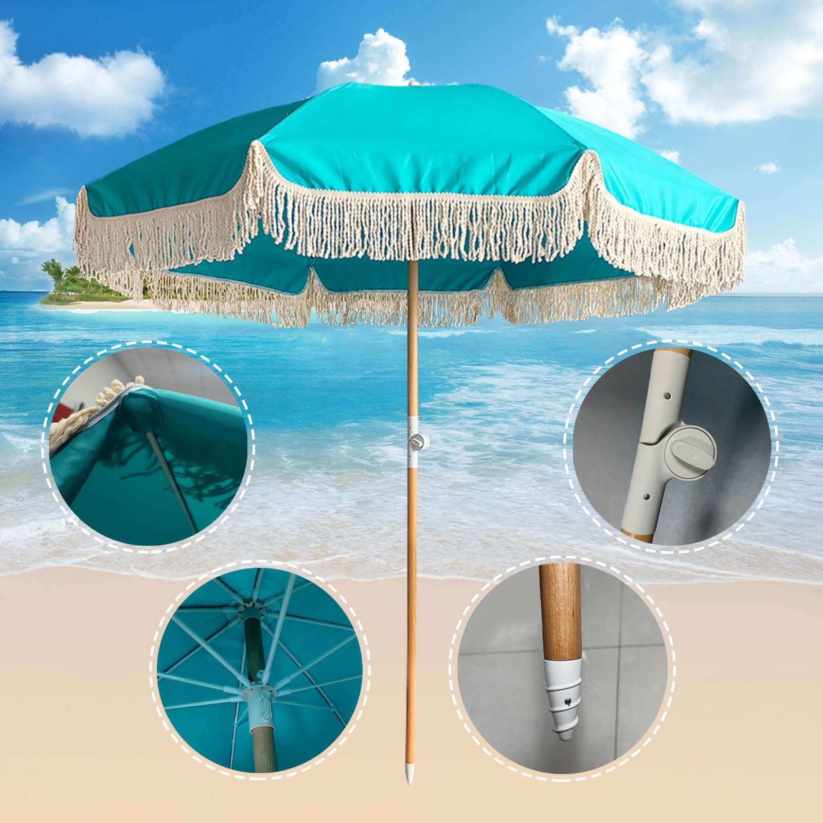 Ombrellone da spiaggia Boho regolabile da 180 cm, blu e verde, compatto, antivento, con frange, ideale per patio, piscina, giardino e giardino, con borsa per il trasporto.