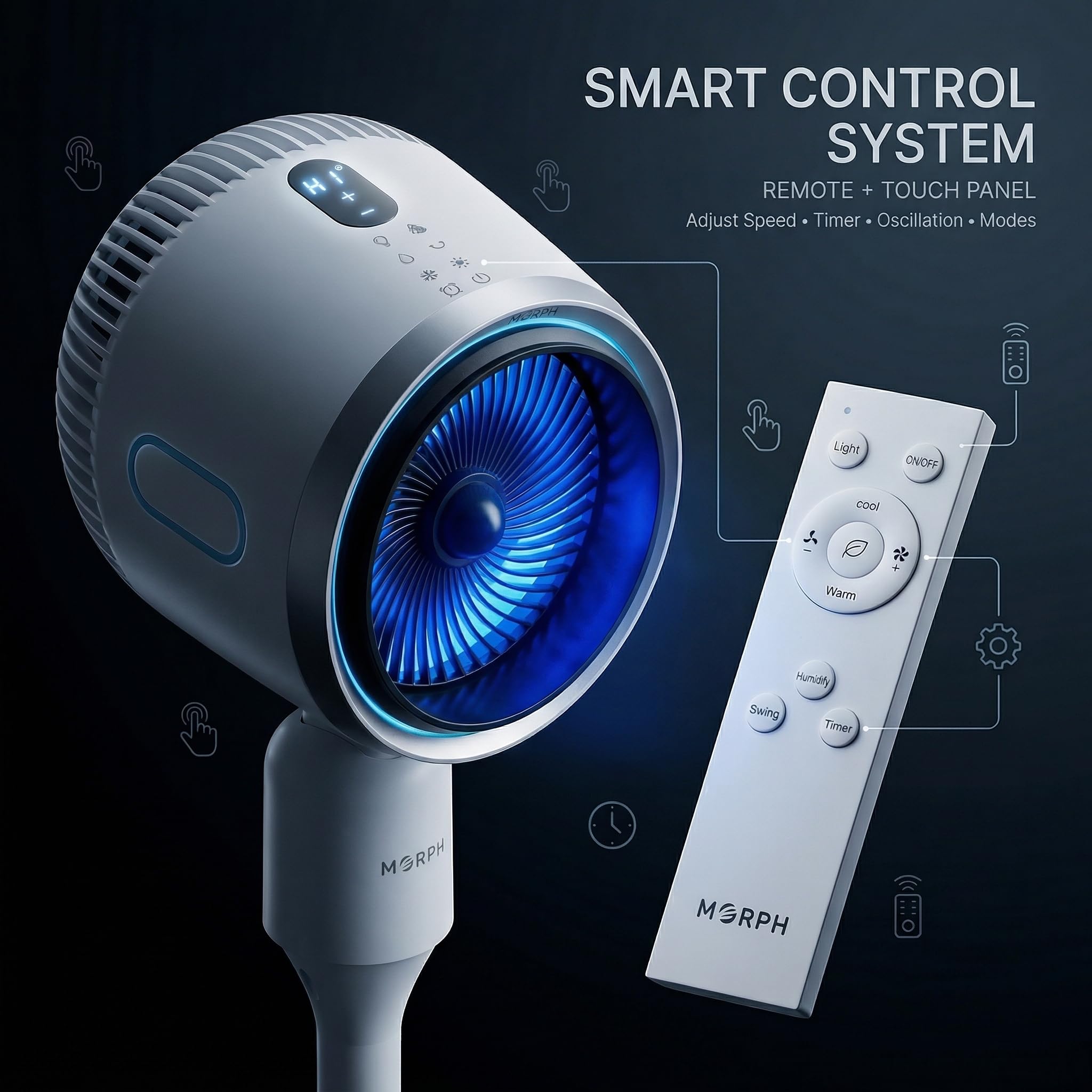 MORPH 707 Smart Fan with Cooling, Heating & Mist (Humidifier) | 120° Airflow, Remote Control, 3 Speed Modes, LED Display, Tower Fan for Home & Office (White) 4