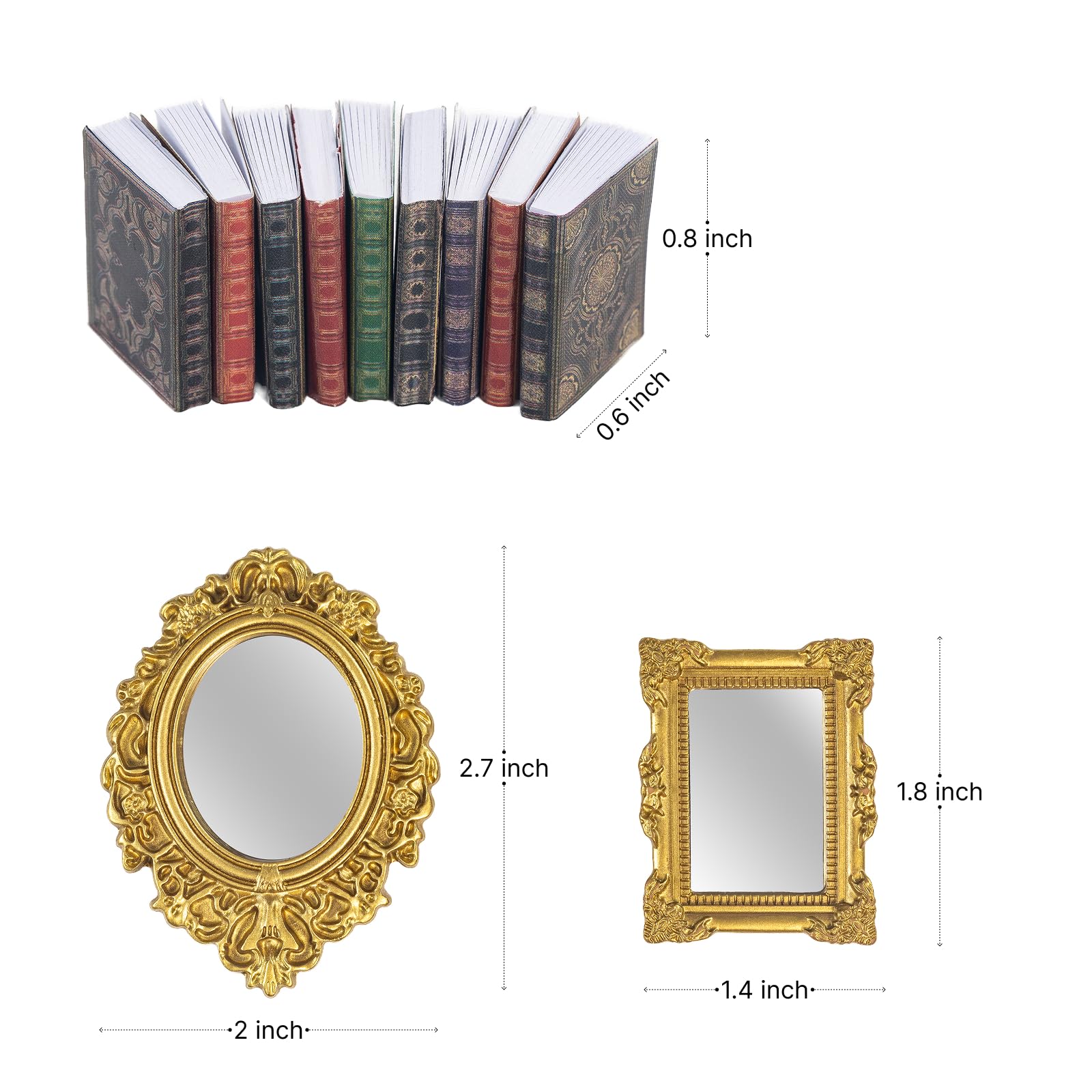 Accesorios para casa de muñecas en miniatura, mini libros y mini espejo para casa de muñecas a escala 1/12, accesorios y muebles, cosas en miniatura, 13 piezas 2