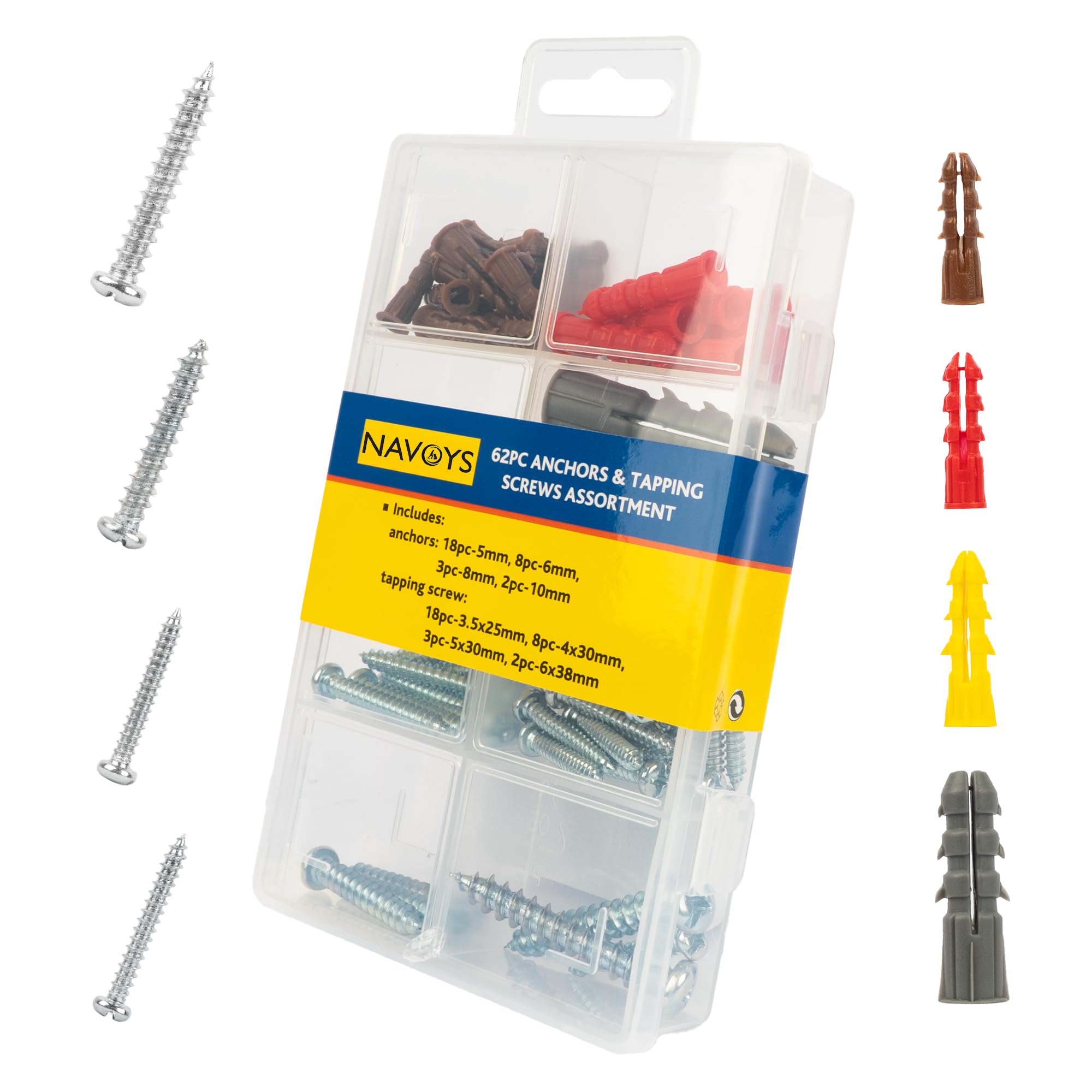 62pc Wall Anchors & Tapping Screws Assortment with Storage Carry Case – Mixed Sizes for Brick, Block, Concrete & General DIY Fixings (62pc - Screws & Plugs)