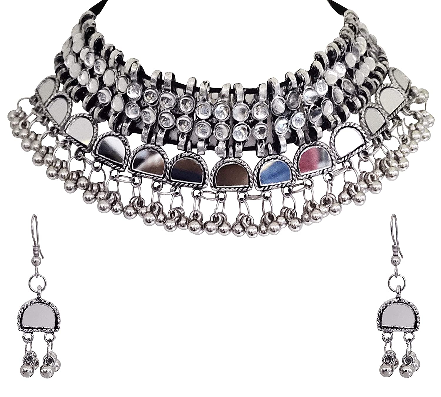 Molika Afghani Style Trending Mirror Silver Oxidised Choker Necklace Set for Women & Girls (B09HMLG34H) Amazon Price History, Amazon Price Tracker