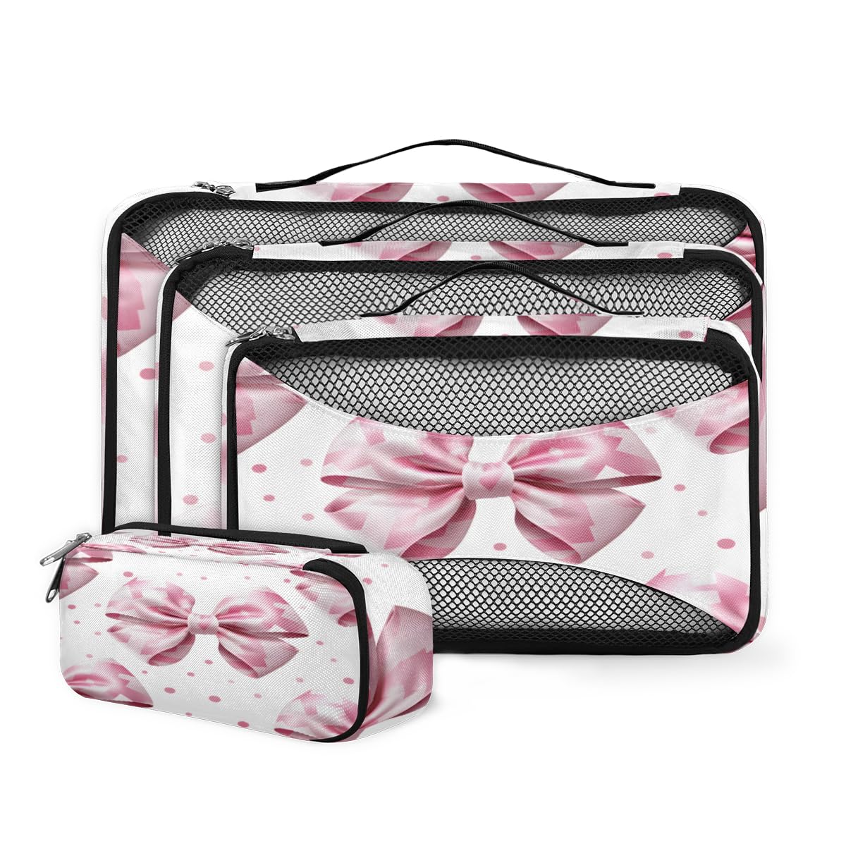 Pink Gift Bow 4 Pcs set of Packing Cubes for Suitcases, Packing Cubes for Travel Accessories Luggage Carry On Suitcase Organizer Bags, 4 Various Sizes
