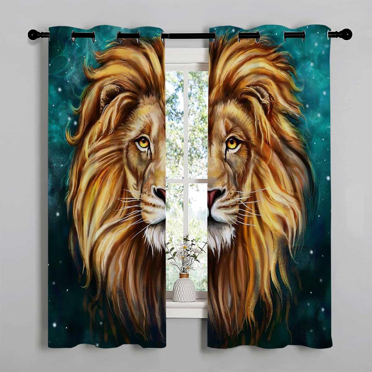 YANFENQI Basement Window Curtains Starry Sky Lion Grommet Short Patio Door Curtain Blackout Grommet Curtains 55Inch Width by 45Inch Length,2 Panels
