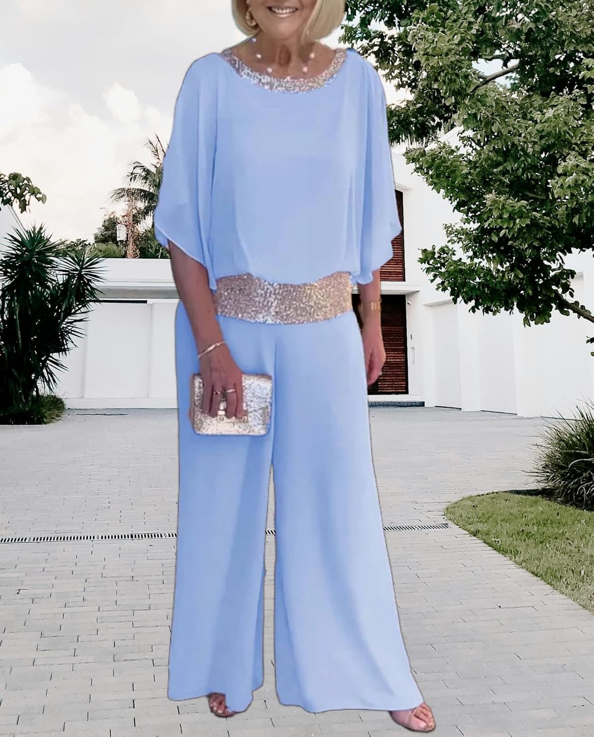 Conjunto de Pantalones de Dos Piezas de Gasa para Mujer 3/4 de Lentejuelas Manga de murciélago Elegante pantalón Trajes Formales Fiesta de Noche