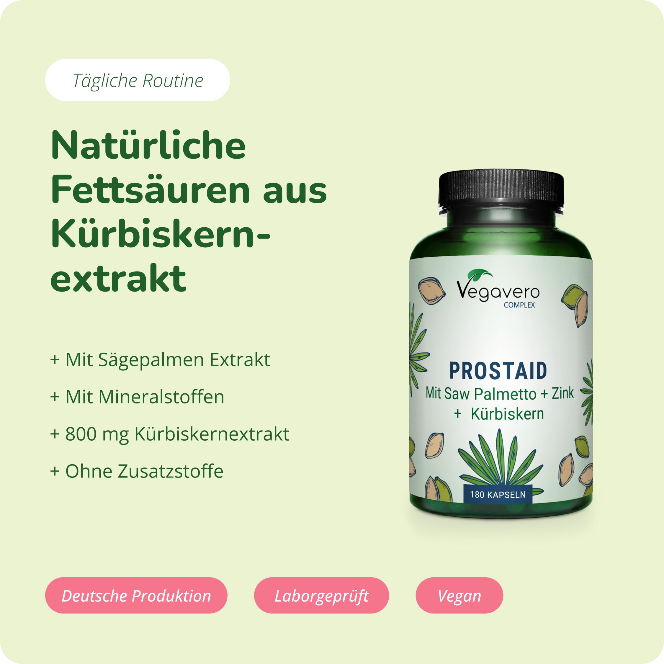 Prostata Komplex Vegavero | 800 mg Kürbiskernextrakt |180 Kapseln Hochdosiert | Mit Sägepalmenextrakt, Kürbiskernen, Brennnessel & Mehr | Vegan & Ohne Zusätze