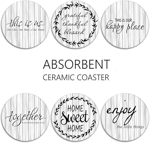 Miniatura 6 de Britimes Juego de 6 posavasos para bebidas, mesa de madera vieja blanca, absorbente, redonda, cerámica, con base de corcho y soporte de metal,