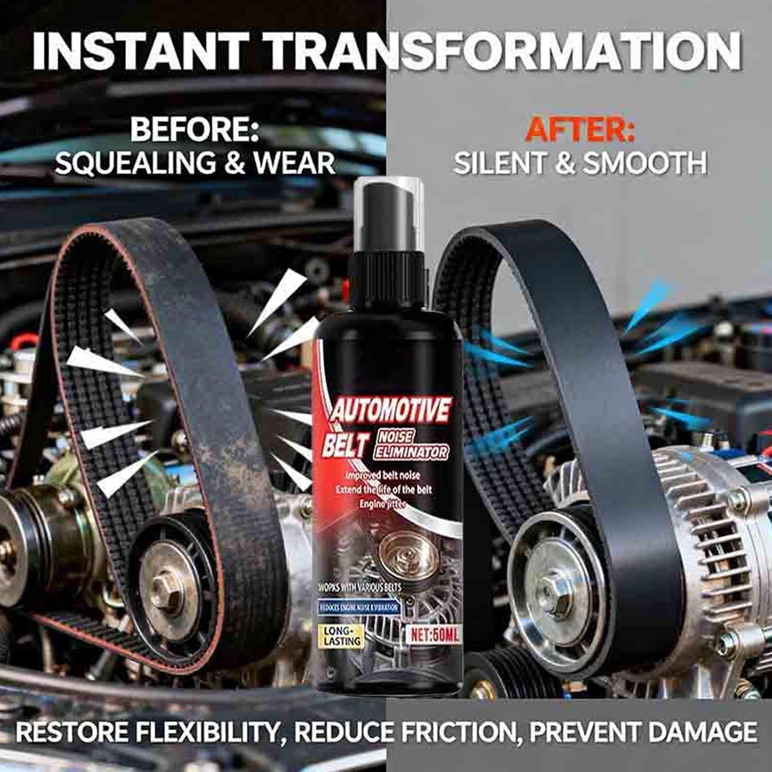 Belt Silencer Spray - Noise Reduction Lubricant Automotive Drive Belts | 50ml Anti Squeal Treatmented for Engine Serpentine Belt RV SUV Motorcycle Maintenance Repair Service Smooth Operations Fluid