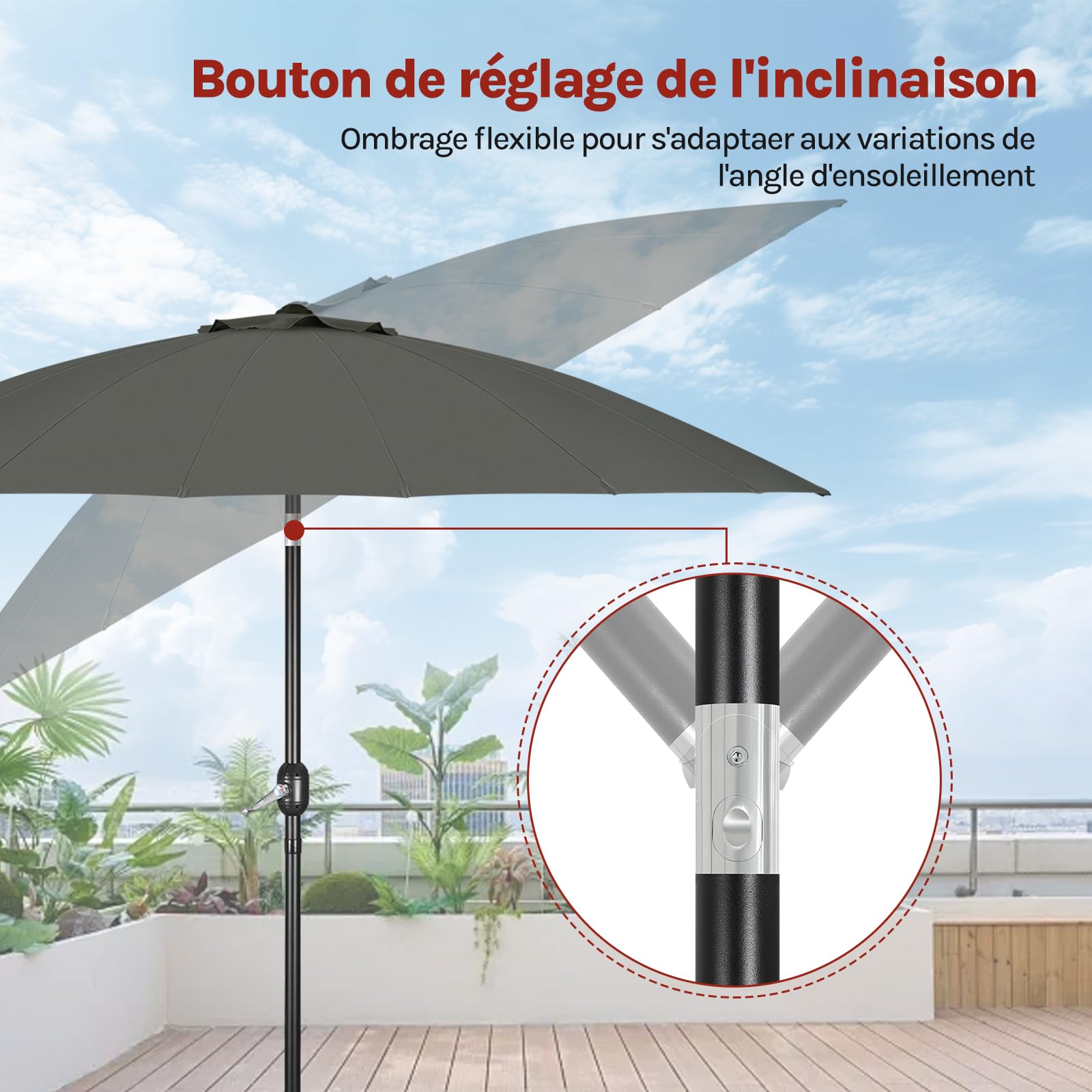 WOLTU Parasol de Jardin Rond ø 257/273 cm, Parasol Inclinable avec Manivelle, Parasol de Balcon avec 18 Baleines en Fibre de Verre, pour Balcon, Terrasse, Patio, Piscine, Gris Foncé