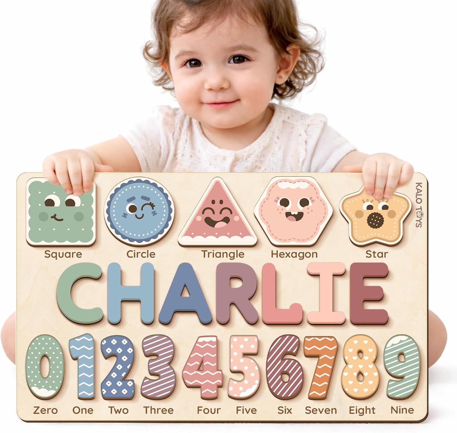 KALOTOYS Personalized Name Puzzle for Toddlers 1-3 with Shapes & Numbers, Custom Wooden Baby Girl Puzzle, 1st Birthday, Handmade Montessori Learning Toy, CPC Certified (Shape and Number)