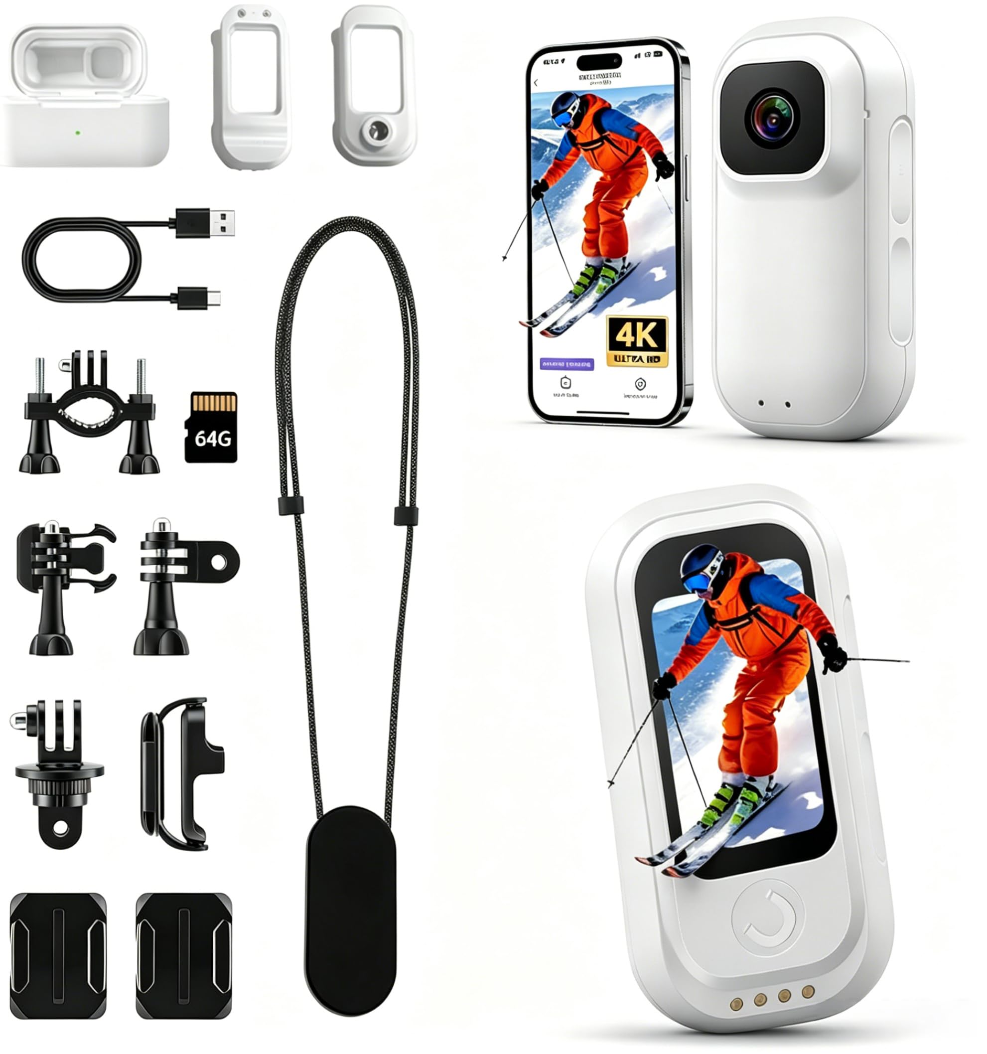 Mini Cámara Deportiva 4K, Camara Moto, Body CAM Impermeable, POV Camera con Tarjeta de 64GB para Esquí Natación Vida Diaria Ciclismo