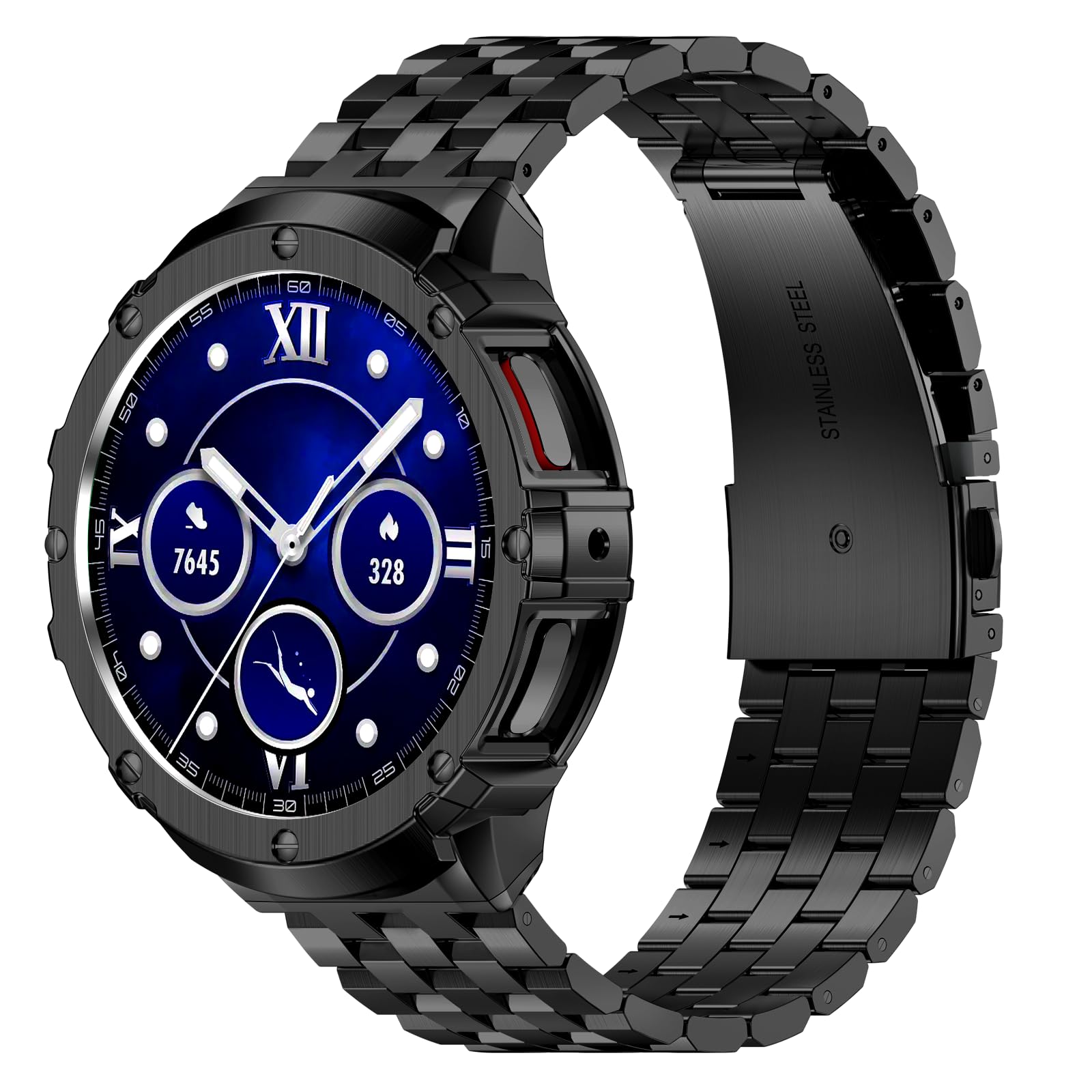 HASLFM Metal Case and Bands Compatible with Samsung Galaxy Watch 6/5/4 44mm, Stainless Steel Rugged Watch Strap with Protective Cover for Men (Black)