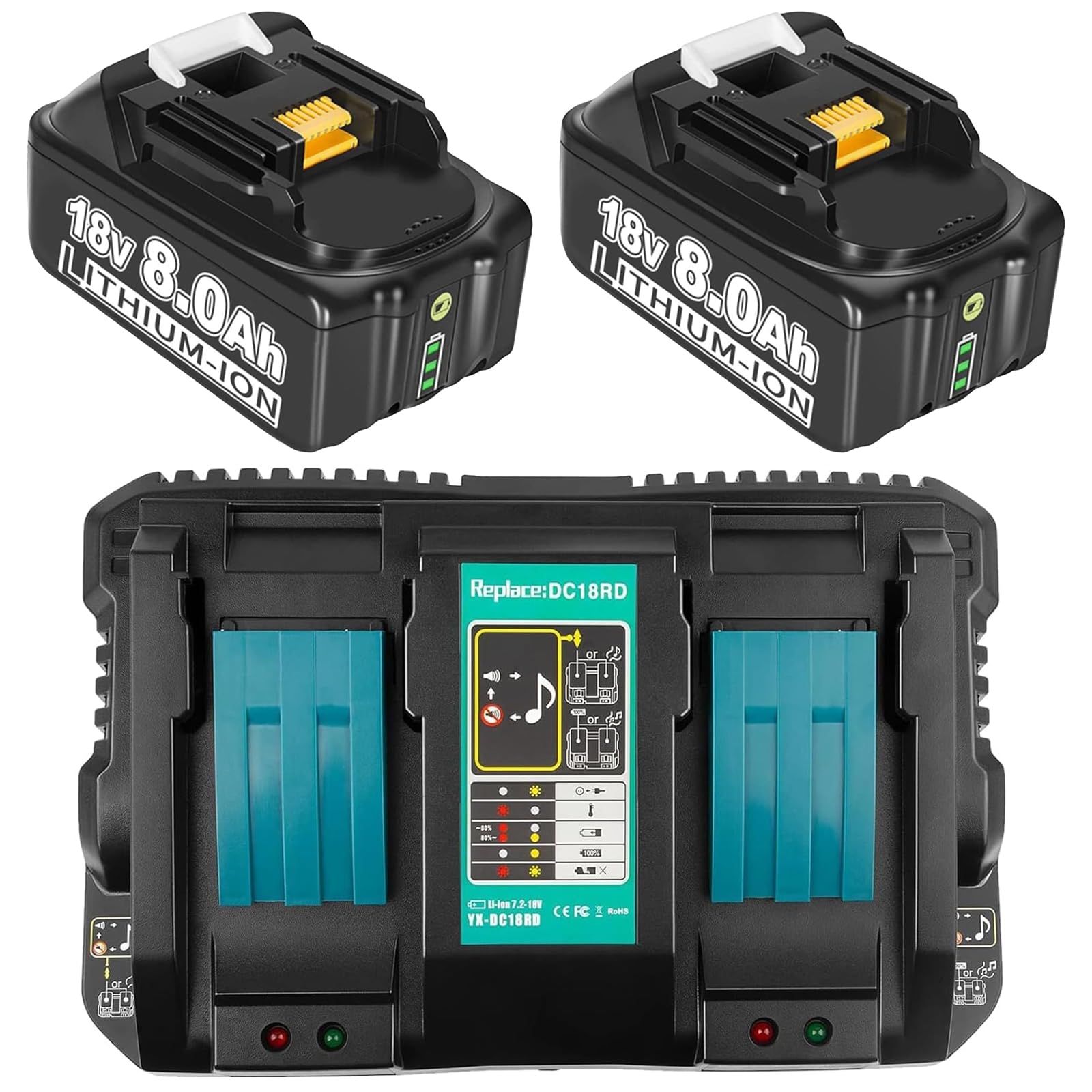 2 Pcs 18-Volt 8.0Ah Batteries with 4A DC18RD Charger Replacement for Makita Battery 18V and Charger Compatible with Makita 18V Battery BL1860 BL1840 BL1830 BL1820 BL1815 BL1835 Cordless Power Tool