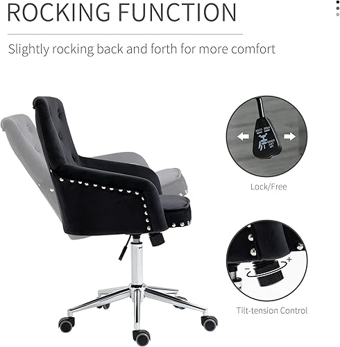 Miniatura 5 de HOMCOM Silla de escritorio moderna con respaldo medio con respaldo de terciopelo copetudo, ribete de cabeza de clavo, silla giratoria de oficina en