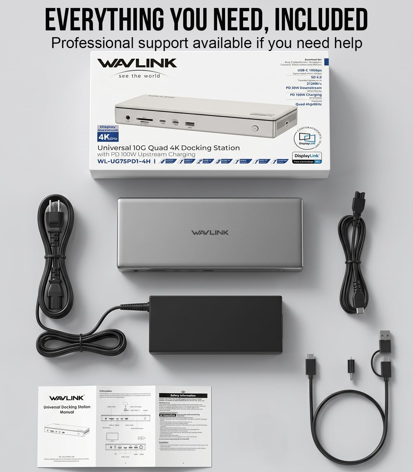WAVLINK Station d'accueil pour 4 écrans,4 écrans 4K Dock Station pour MacBook Neo/Mac/Windows,Docking Station Displaylink avec 4 HDMI,PD100W,Ethernet 2,5G,USB-A/USB-C 10G,SD/TF 4.0,Audio,Pilote Requis
