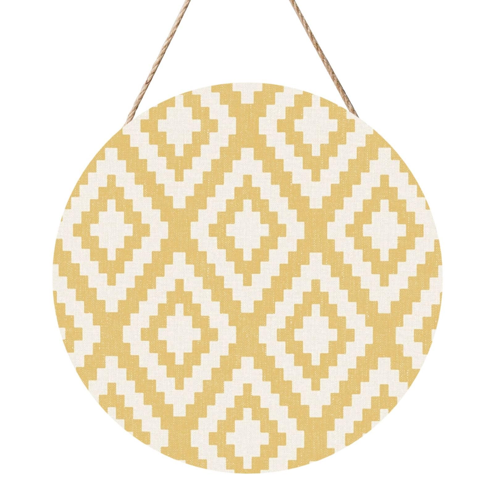 InOmak Geometric Mustard Printed, Round Wood Panel Painting 12 in, Wall Hanging Painting For Home