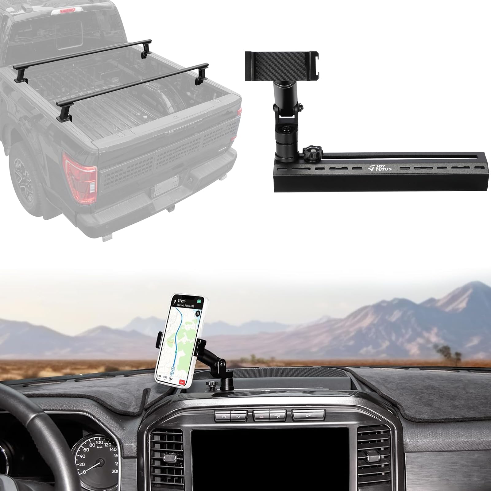 JOYTUTUS Truck Bed Rack Bars Phone Holder Dash Mount Compatible with 2021-2024 F150