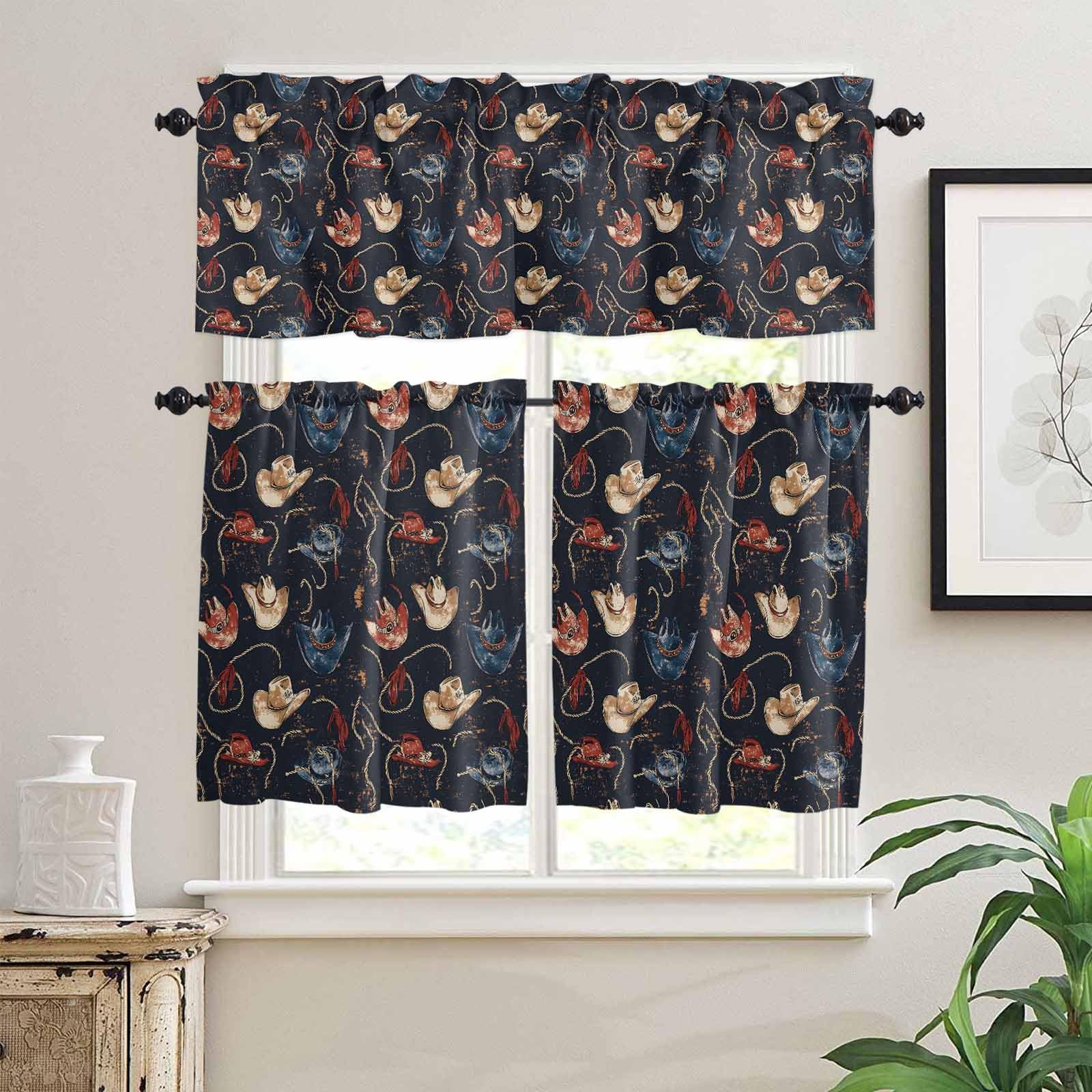 Brown Black Red Blue Cowboy Kitchen Curtains 36 Inch Length, 3 Piece Rod Pocket Small Half Tiers and Valance Set, Country Western Vintage Small Large Window Treatment Decor for Bedroom/Bathroom Sink