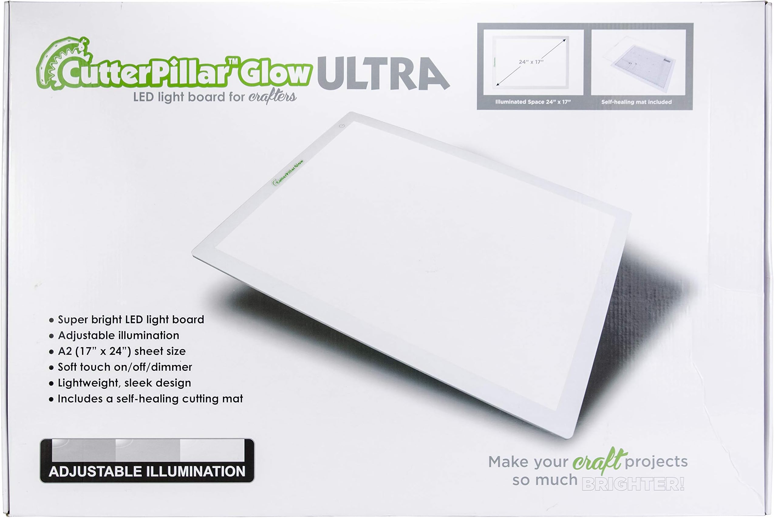 - Cutterpillar Glow Ultra LED Light Board — LED Light Board & Cutting Mat — 26"×19" Thin Craft & Quilting Pad —Adjustable Brightness, Magnetic Work Surface & Self-Healing Cutting Mat Included