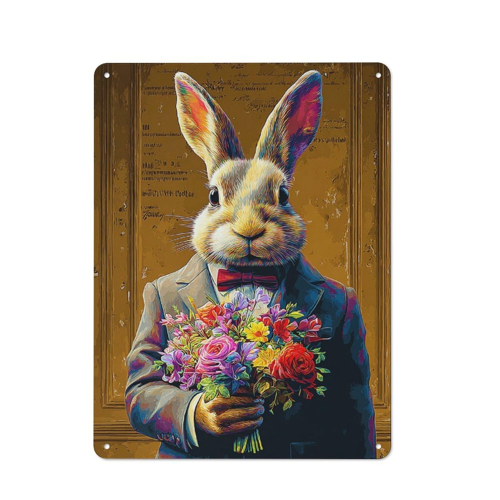 Junmoney Rabbit In Suit Holding Flowers Tin Wall Plaque 40X30cm With For Studio Or Craft Room, For Cooler-Season Styling In Studio And Craft Room