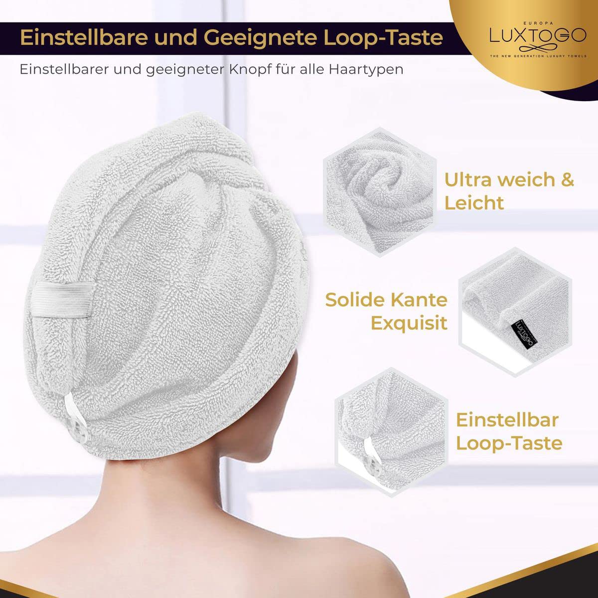 Haarturban-Premium Haarhandtuch 100% Baumwolle, Hochwertiges Turban Handtuch mit Knopf und Gummizug, Super Saugfähiges Kopfhandtuch (2 STK Weiß+Rosa)