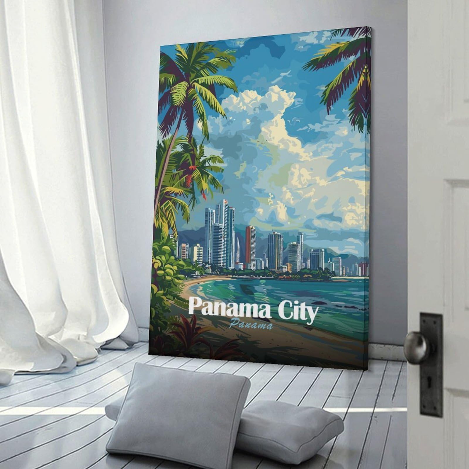 Junmoney Panama City Skyline Hanging Wall Art 24x36inch(60x90cm), for Small Homes, Bedrooms Or Open Spaces, Decorative Canvas Decor for Home Updates