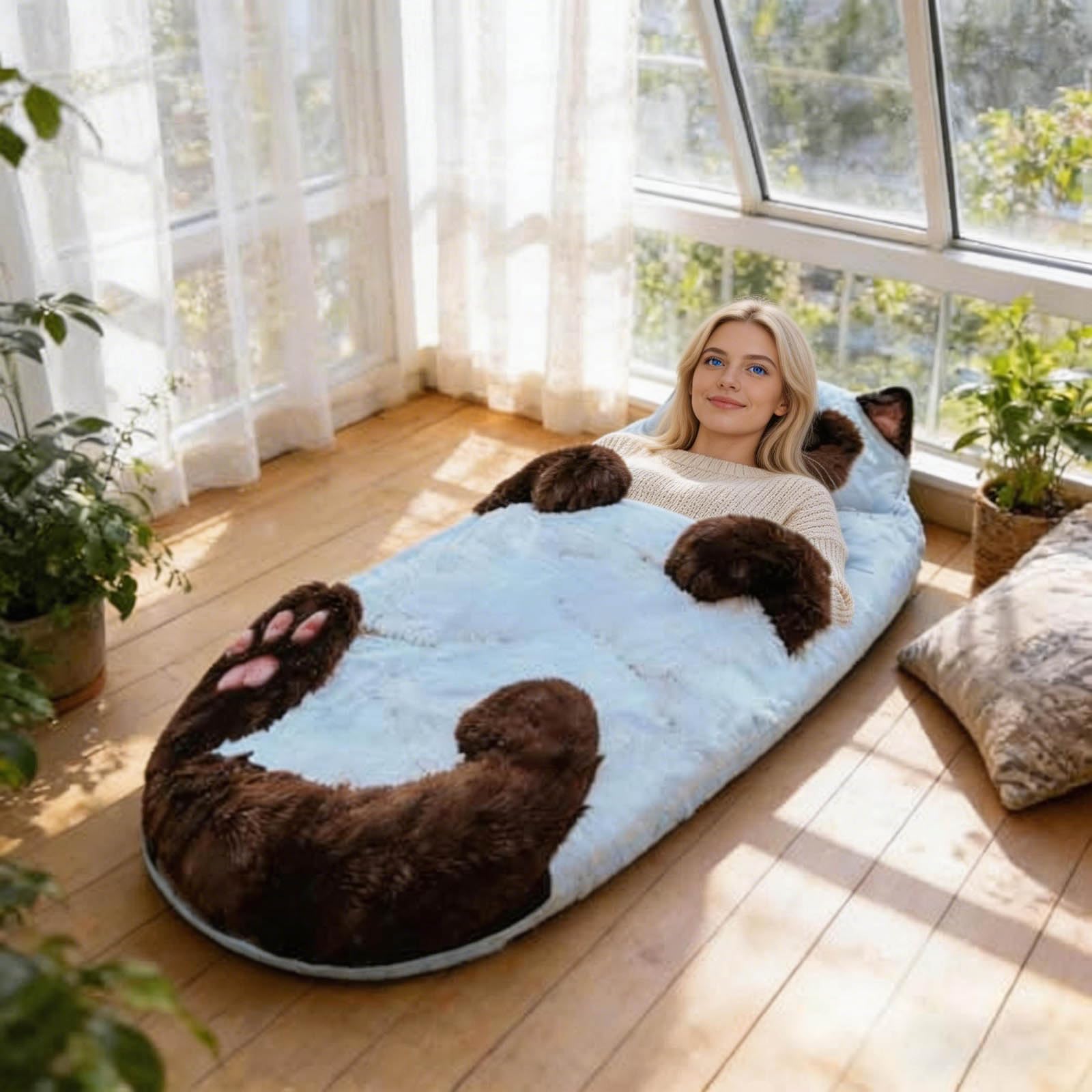 Saco de dormir de felpa con estampado de gato, saco de dormir de animales adultos, diseño de sobre de felpa gigante, lavable a máquina, manta cálida con temática de gato lindo para el hogar, camping