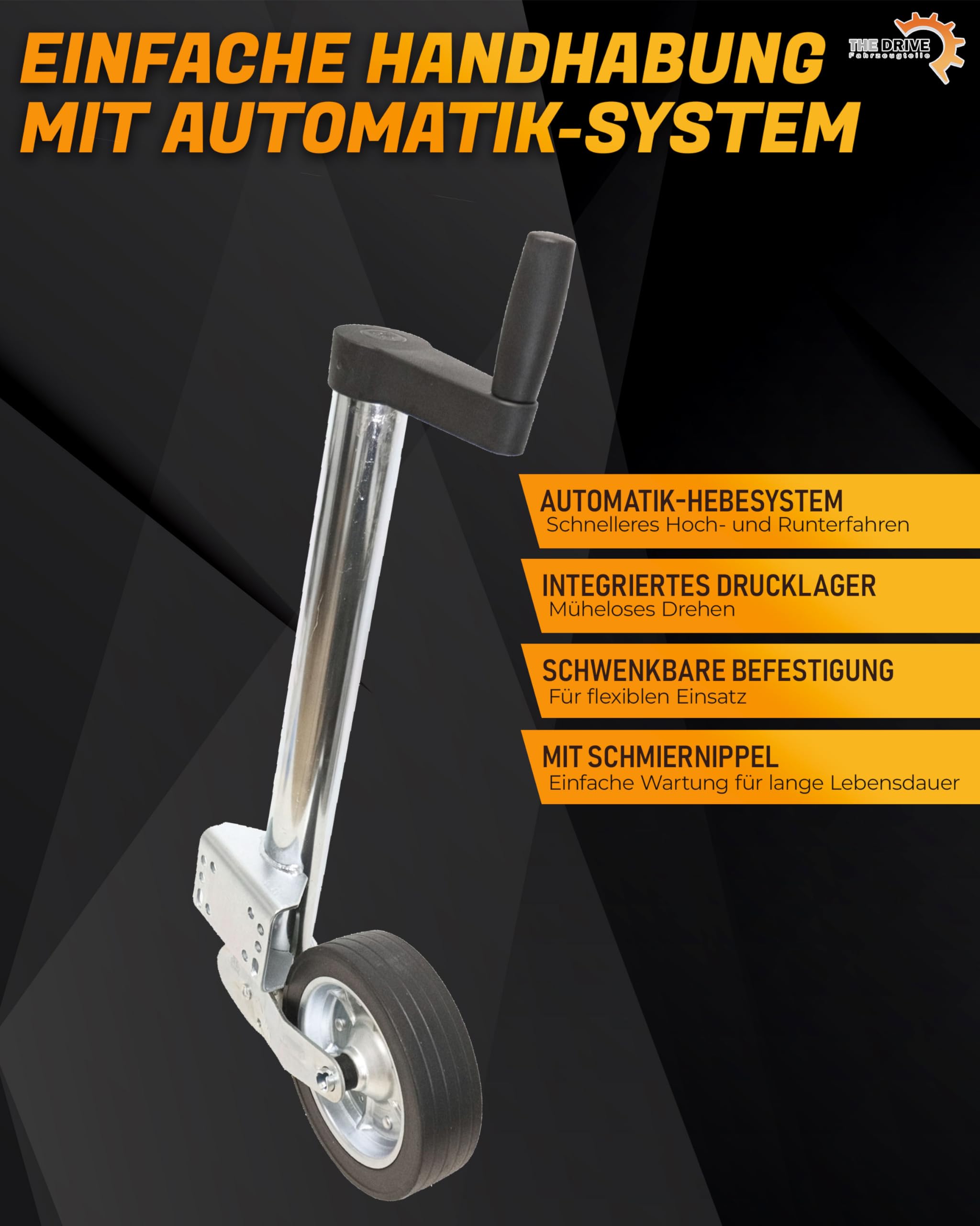The Drive | Anhänger Stützrad 500KG | vollautomatik | mit Ergo-Griff | Vollgummirad Ø225x65 | Schwerlast | perfekt für Anhänger, Pferdeanhänger, Trailer & Wohnwagen