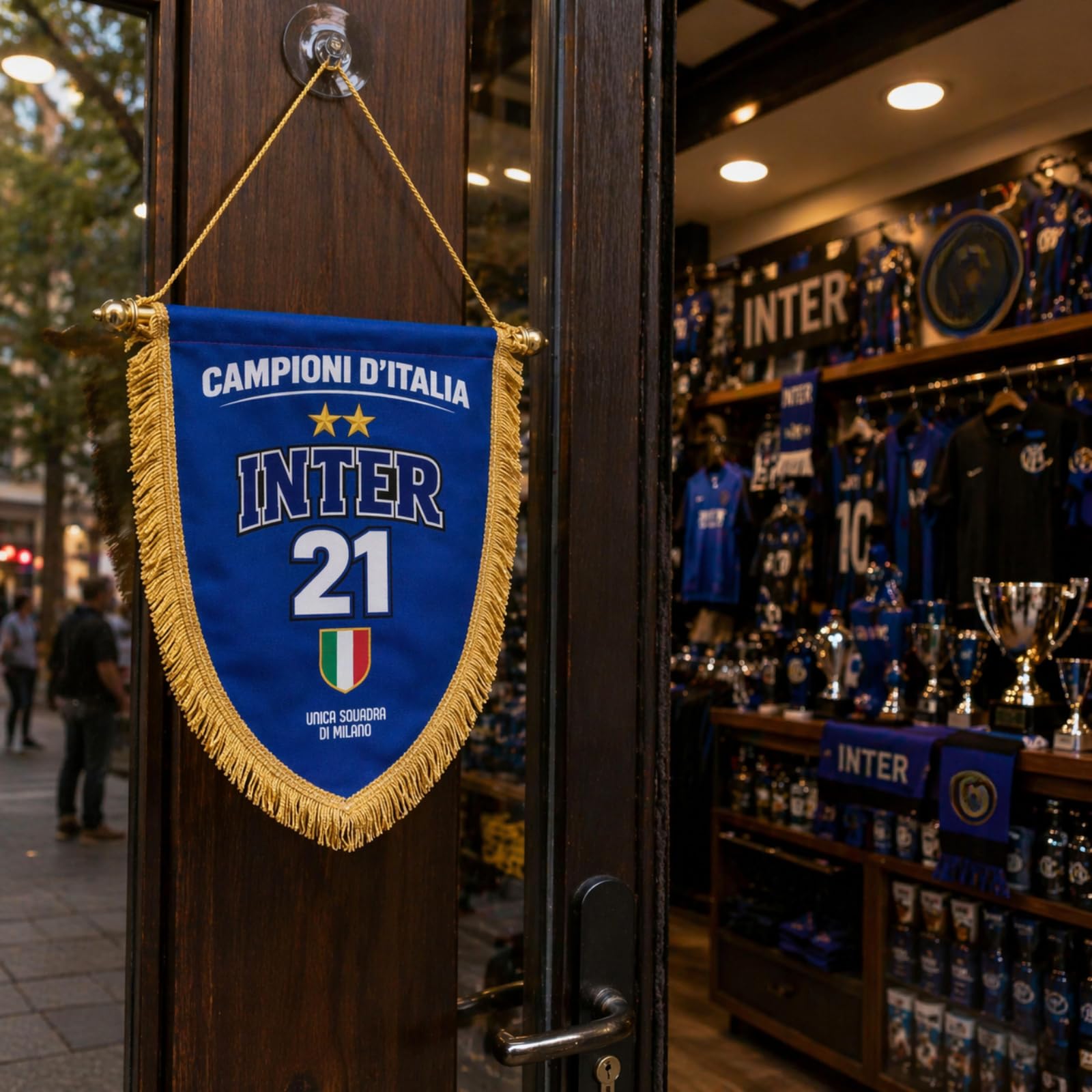D&Vlab Gagliardetto Celebrativo Interisti 21° Scudetto 2026 Campione D'Italia, Bandiera in tessuto con Frangia Oro 22x25 cm per Tifosi Ultras Calcio Sport Nerazzurri Supporters Beneamata