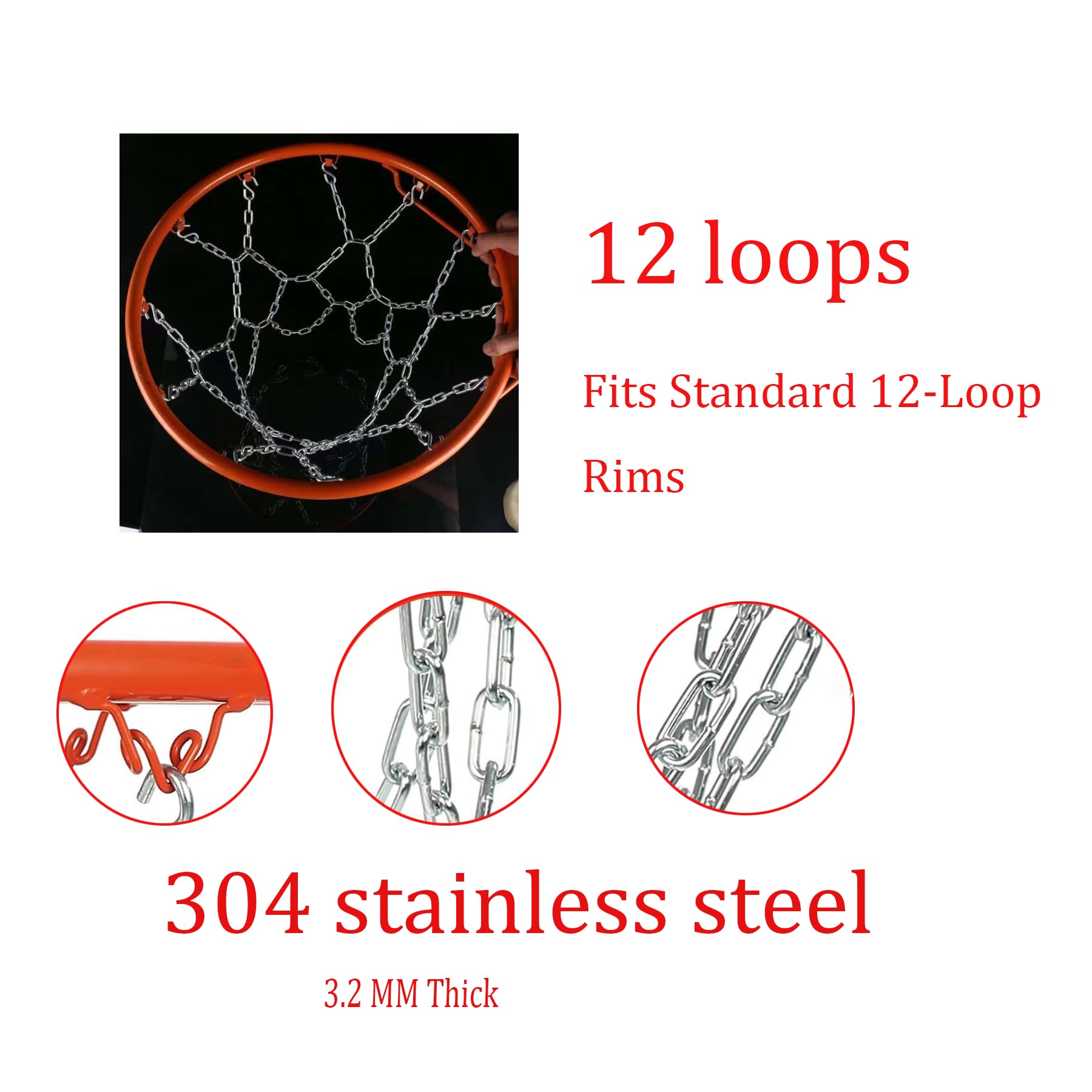 Porta da basket in acciaio inox, dimensioni standard, 48 cm, con 12 passanti, rete da basket in metallo, per interni ed esterni (solo catena)