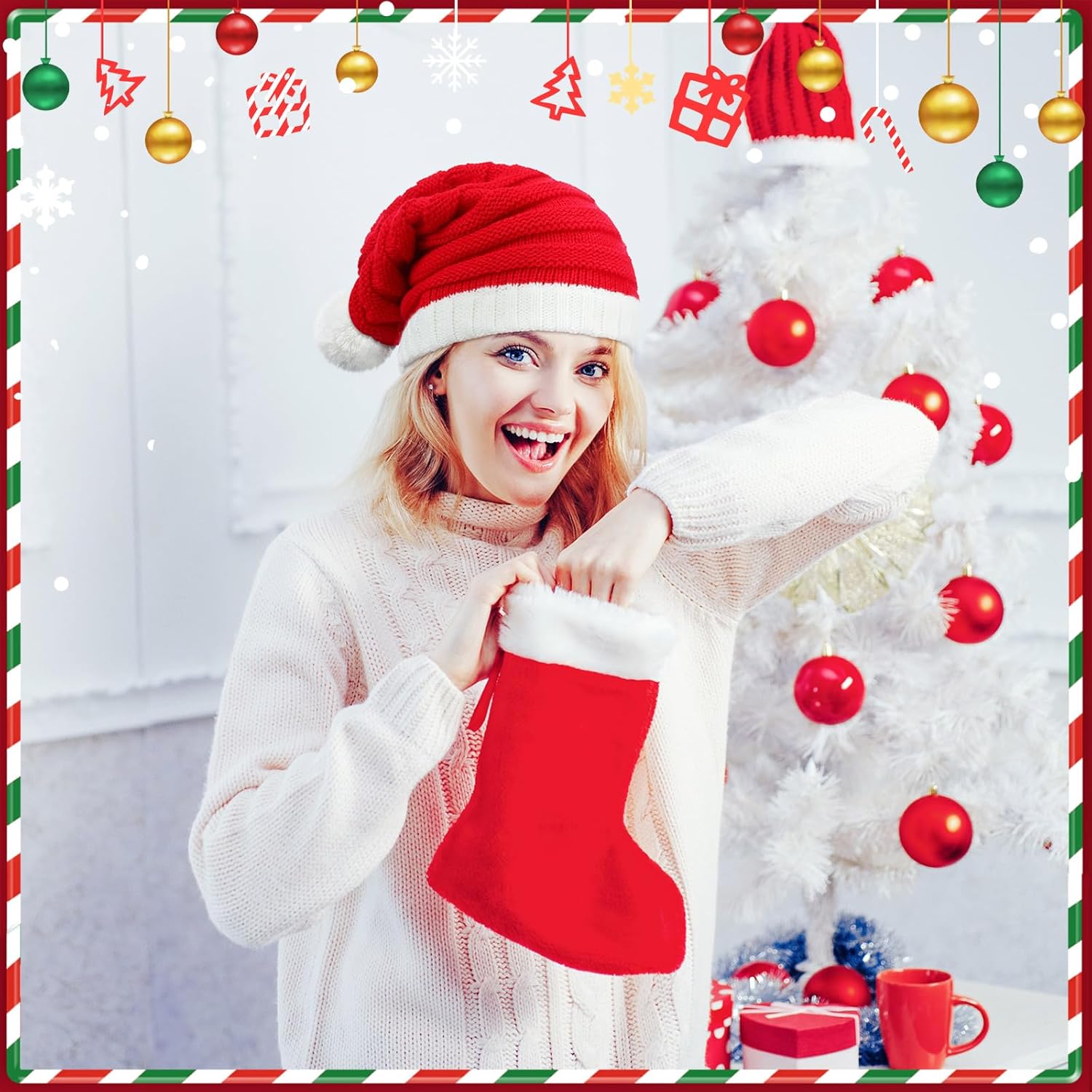 Ramede 12 Christmas Knitted Elf Hats Santa Hat for Adults Xmas Beanie Winter Hats with Pompom Bulk Crochet Caps for Women Men - Image 6