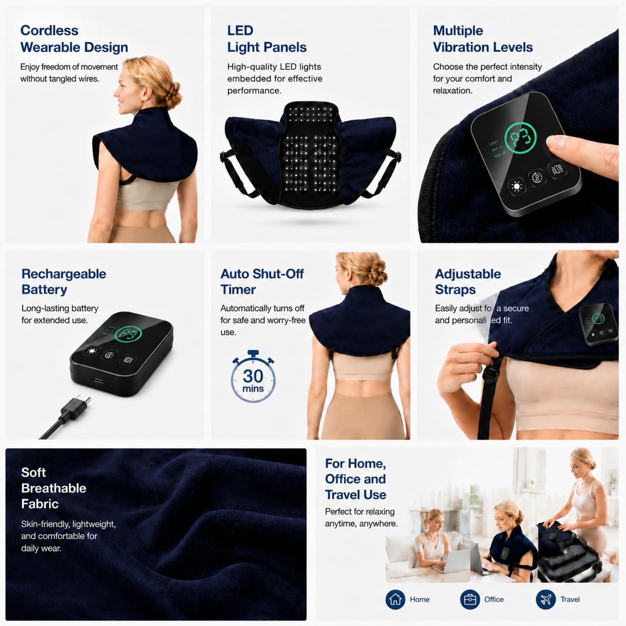 Envoltura de terapia de luz roja inalámbrica para cuello y hombros, 120 LED de 660 nm rojo y almohadilla de terapia de luz infrarroja cercana de 850 nm con masaje vibratorio, envoltura de hombro