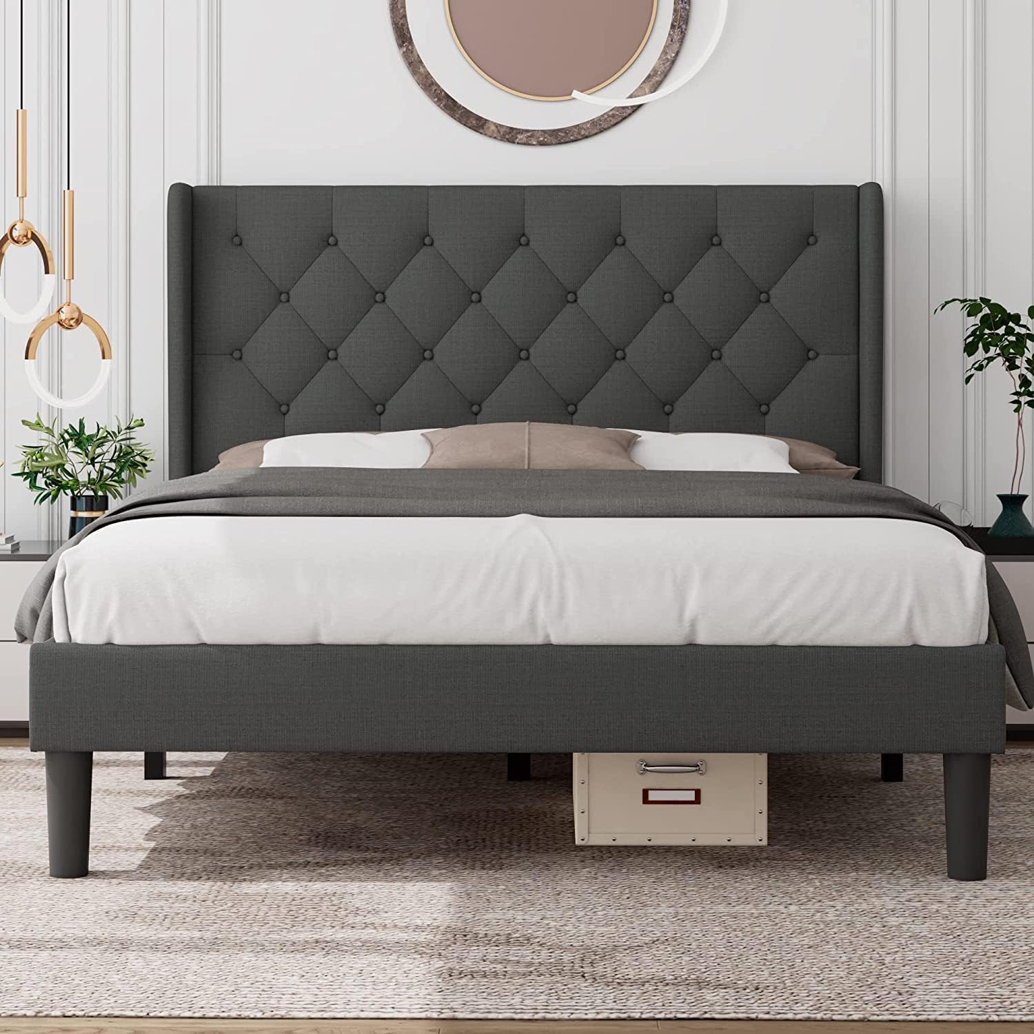 Queen Bed Frame, Adjustable Upholstered Platform Bed Frame Wingback Storage Headboard, Solid Wood Slats Support, No Box Spring Needed, Modern Style, Dark Gray cj6
