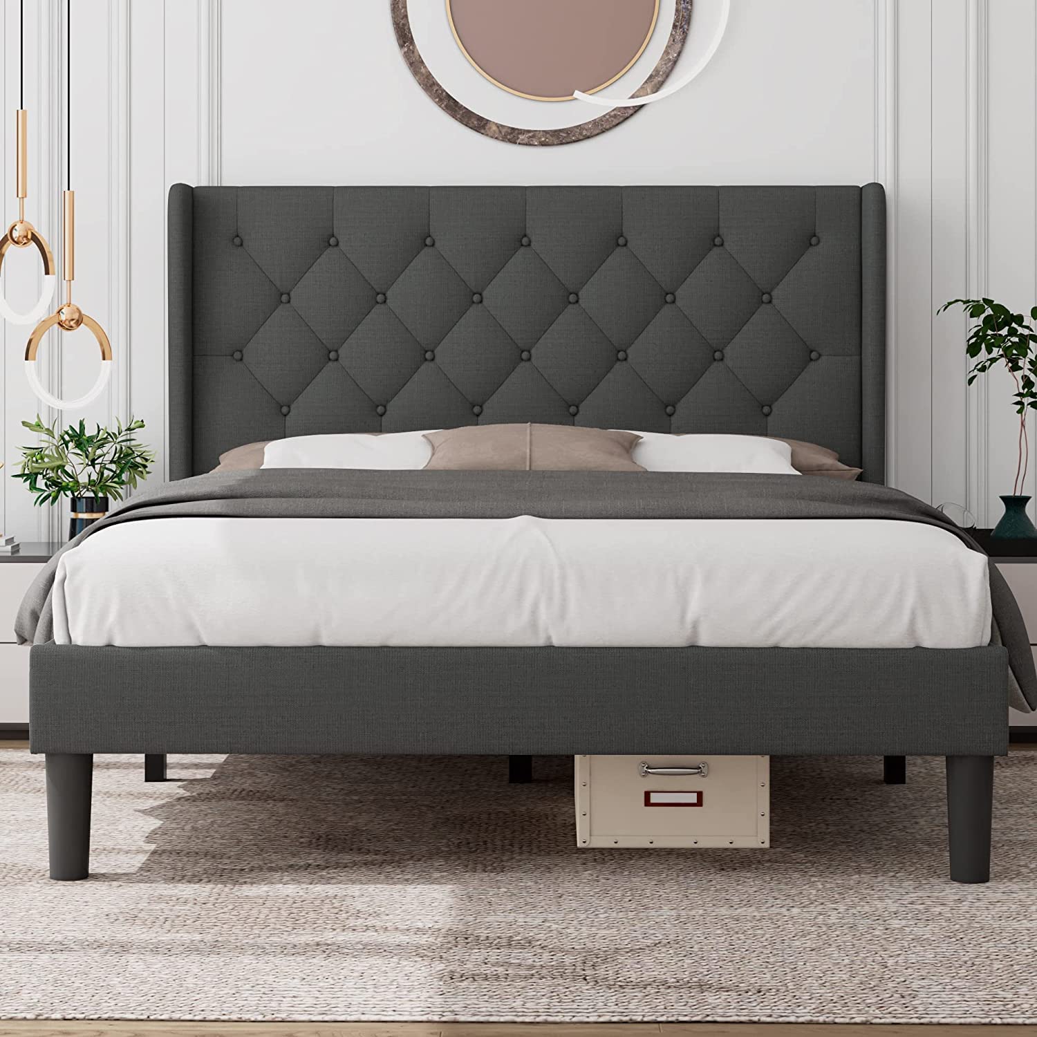 2020Mobility Full Size Bed Frame, Platform Bed with Adjustable Headboard, Heavy Duty Bed Frame, Easy Assembly, Wood Slat, Noise-Free, No Box Spring Needed, Dark Gray jh186